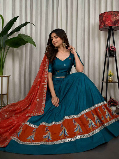 Rama Pure Bluming Vichitra Silk Embroidery sequin Work Navratri Lehenga Choli