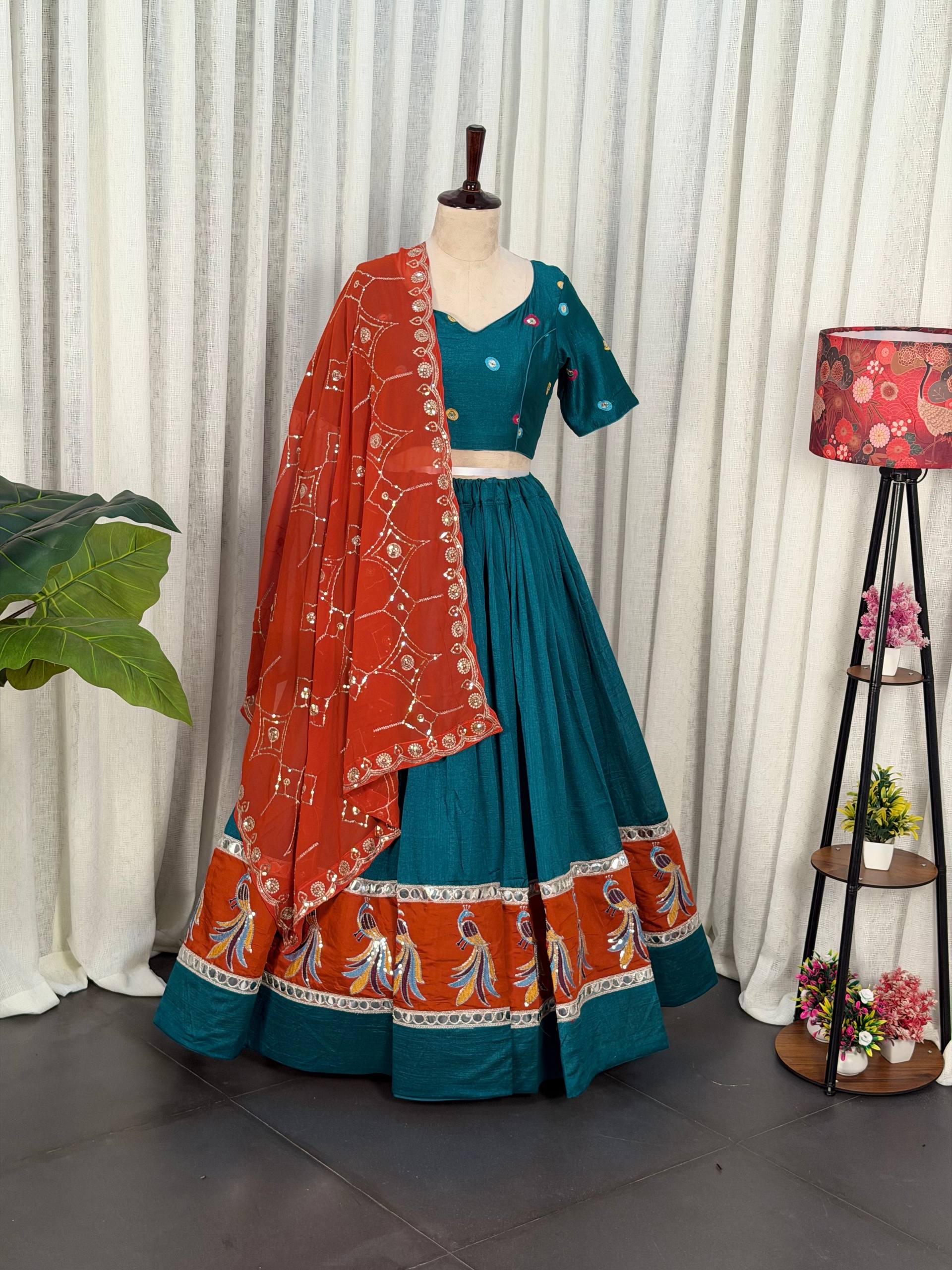 Rama Pure Bluming Vichitra Silk Embroidery sequin Work Navratri Lehenga Choli