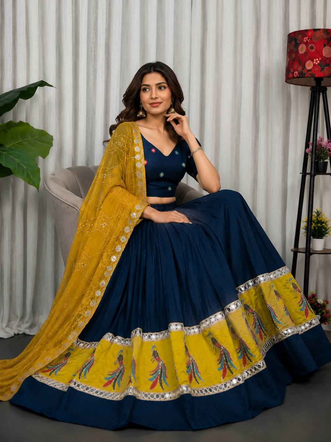 Navy Blue Pure Bluming Vichitra Silk Embroidery sequin Work Navratri Lehenga Choli