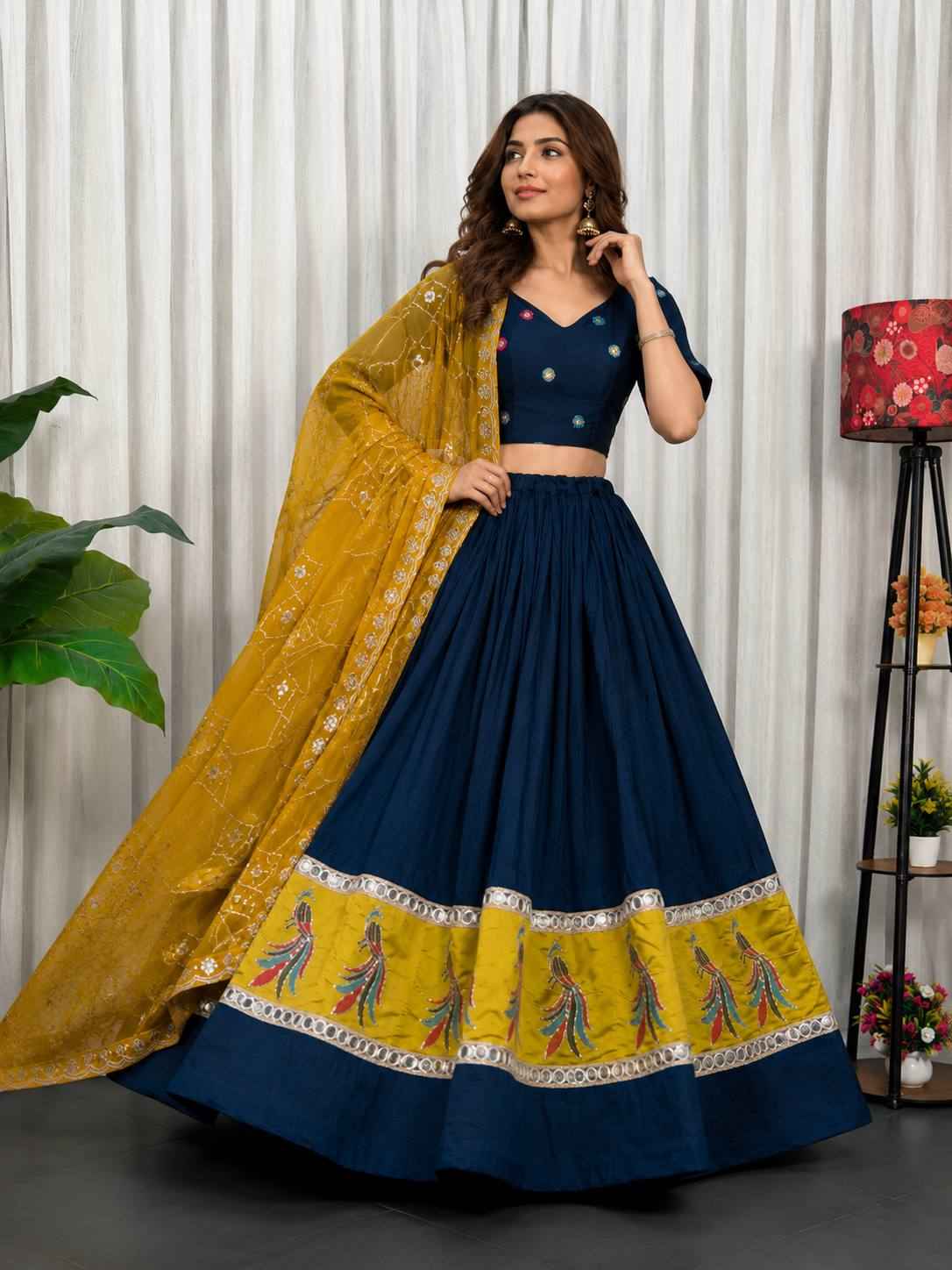 Navy Blue Pure Bluming Vichitra Silk Embroidery sequin Work Navratri Lehenga Choli