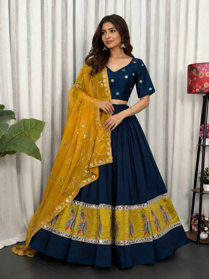 Navy Blue Pure Bluming Vichitra Silk Embroidery sequin Work Navratri Lehenga Choli