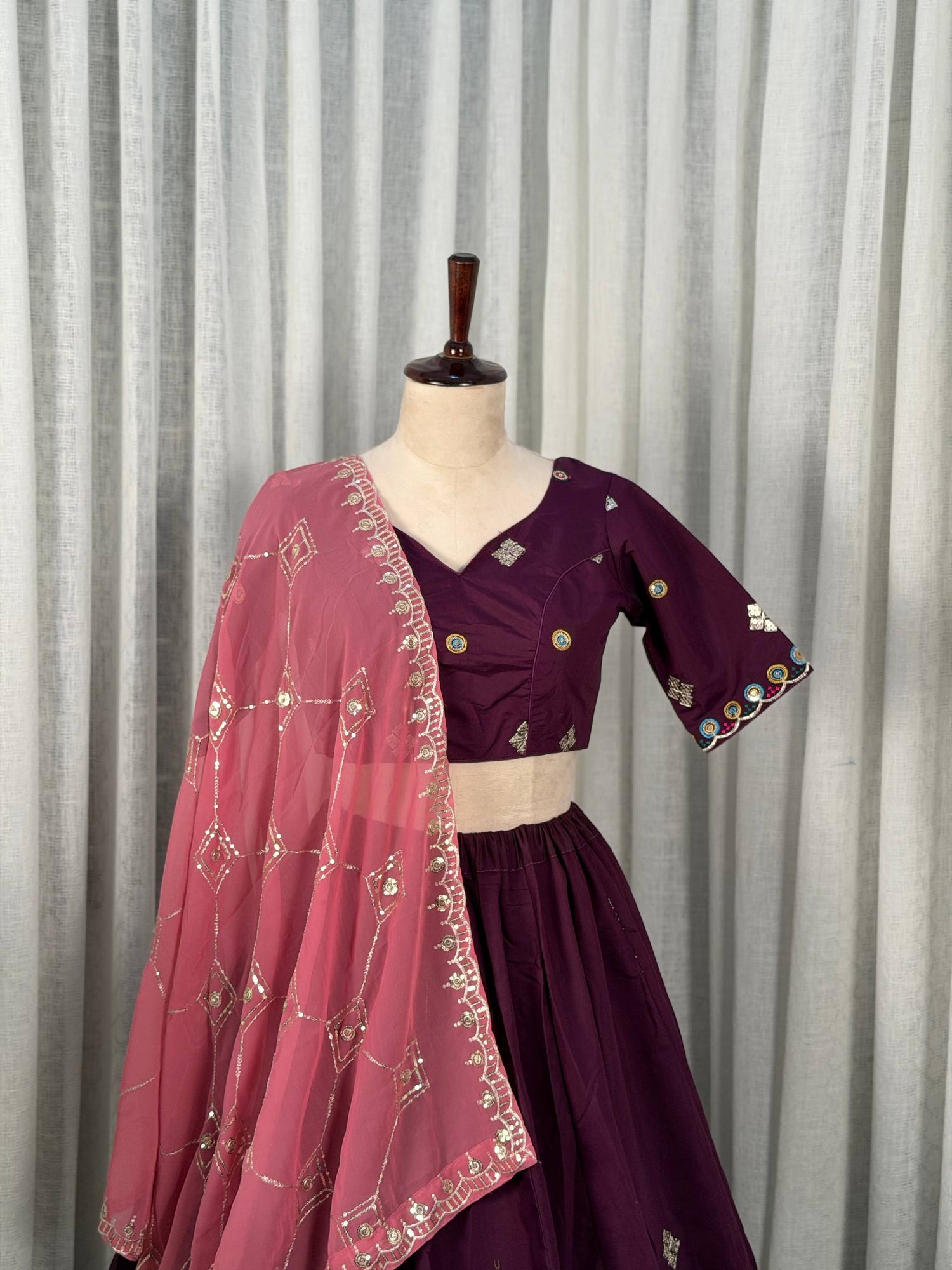 Wine Pure Bluming Vichitra Silk Embroidery sequin Work Navratri Lehenga Choli