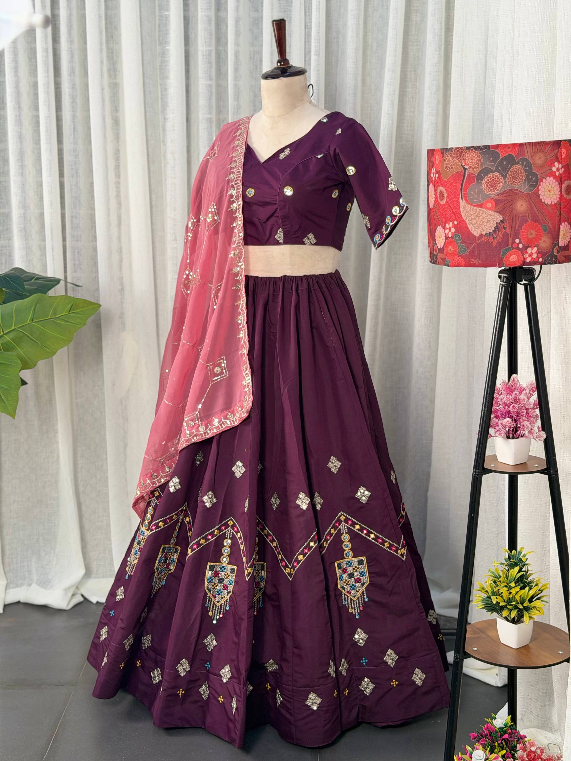 Wine Pure Bluming Vichitra Silk Embroidery sequin Work Navratri Lehenga Choli