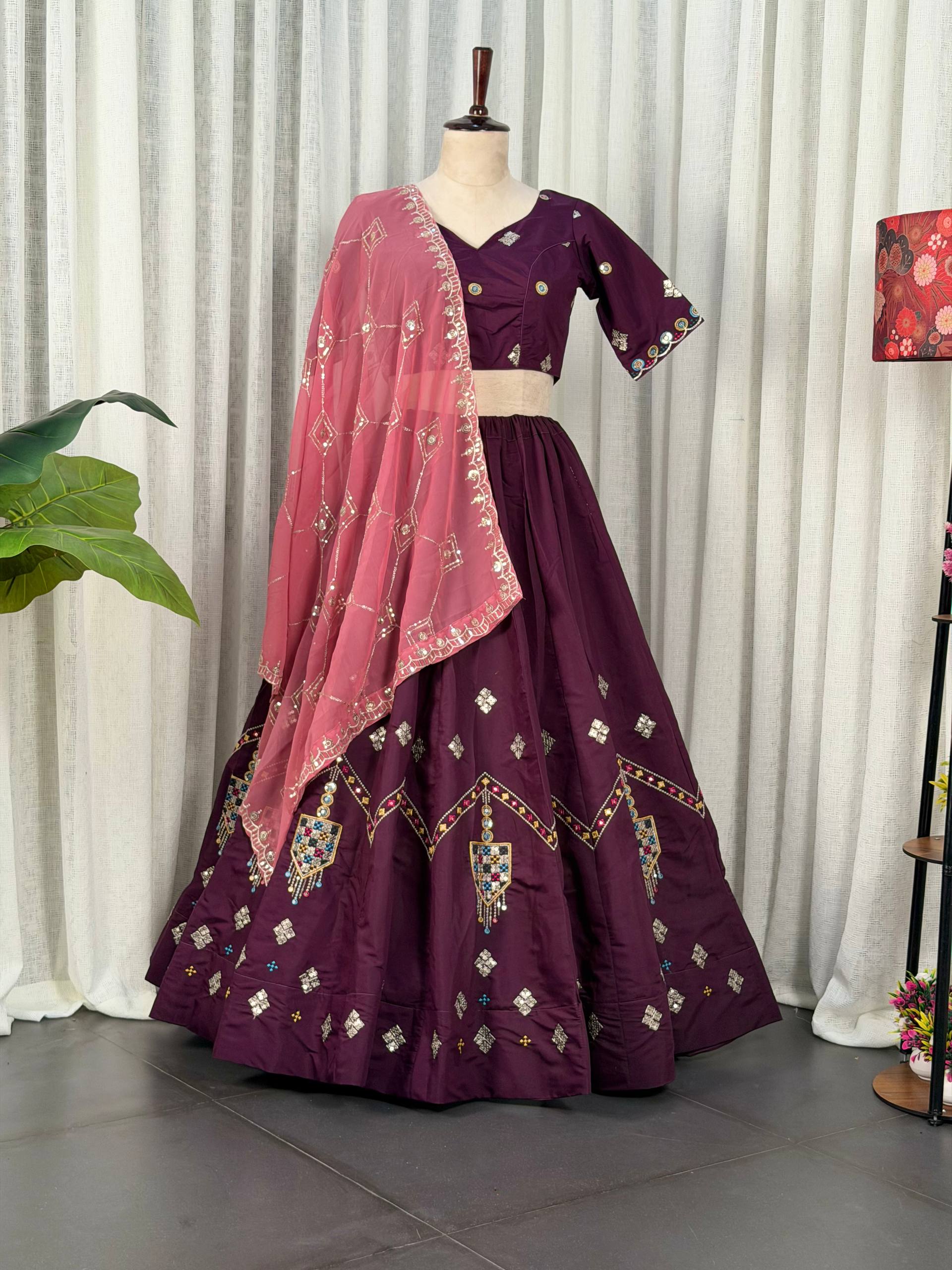 Wine Pure Bluming Vichitra Silk Embroidery sequin Work Navratri Lehenga Choli