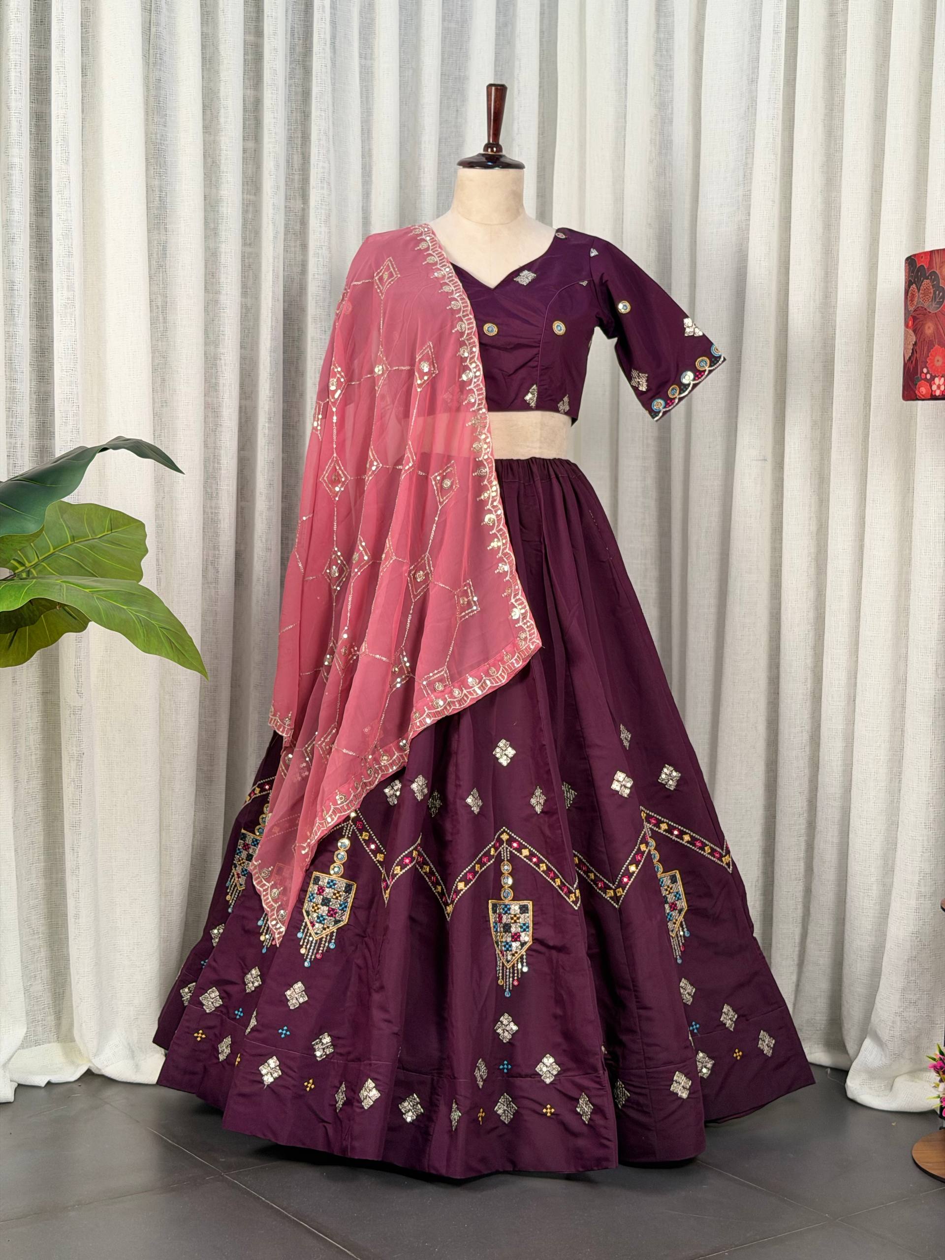 Wine Pure Bluming Vichitra Silk Embroidery sequin Work Navratri Lehenga Choli