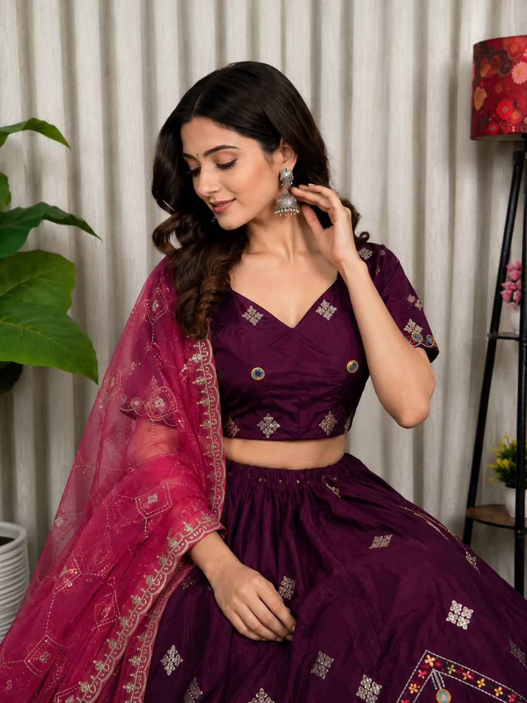 Wine Pure Bluming Vichitra Silk Embroidery sequin Work Navratri Lehenga Choli