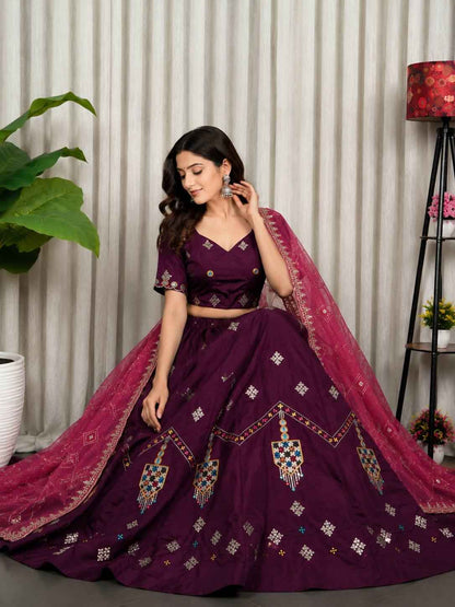 Wine Pure Bluming Vichitra Silk Embroidery sequin Work Navratri Lehenga Choli
