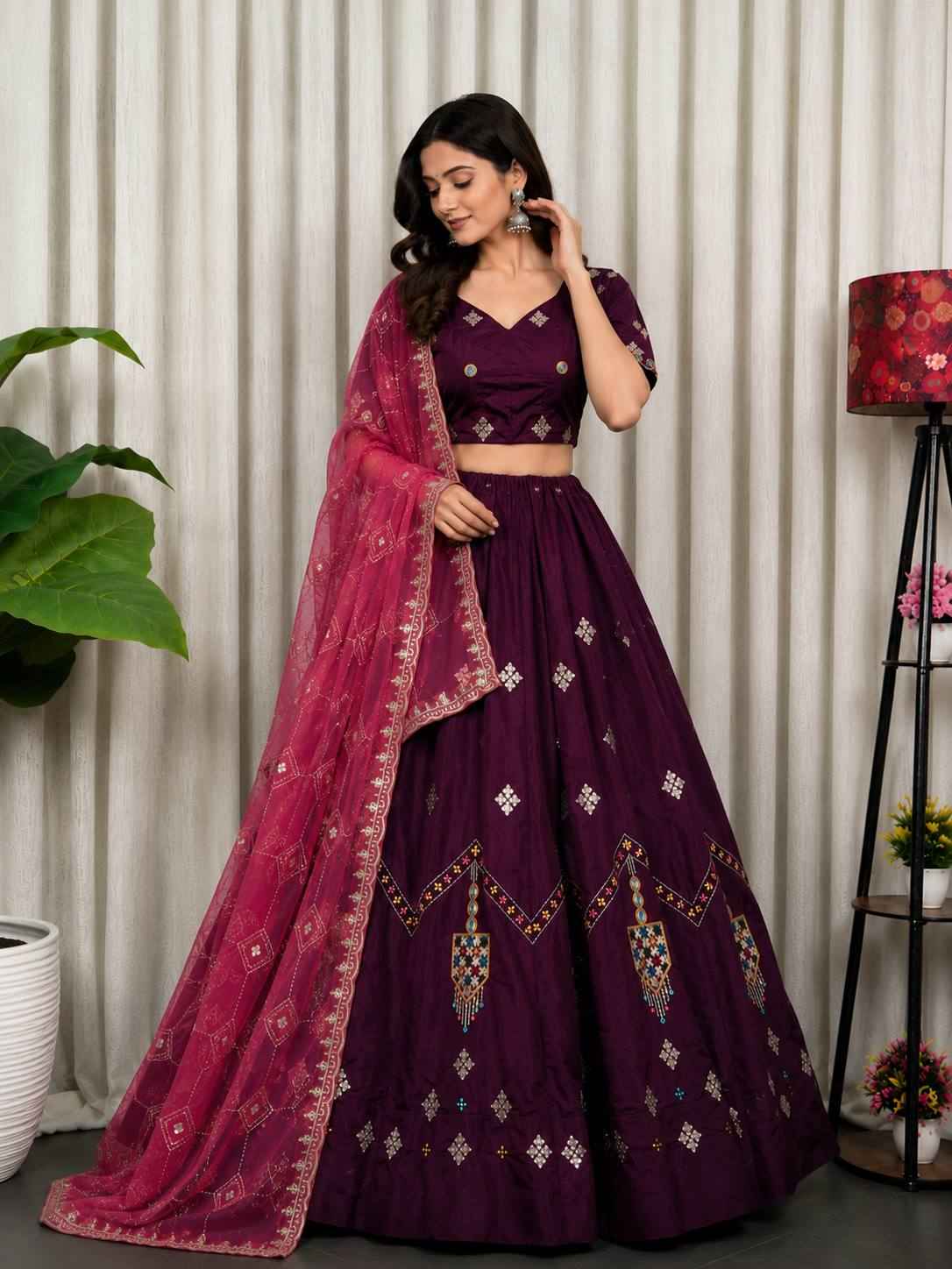 Wine Pure Bluming Vichitra Silk Embroidery sequin Work Navratri Lehenga Choli