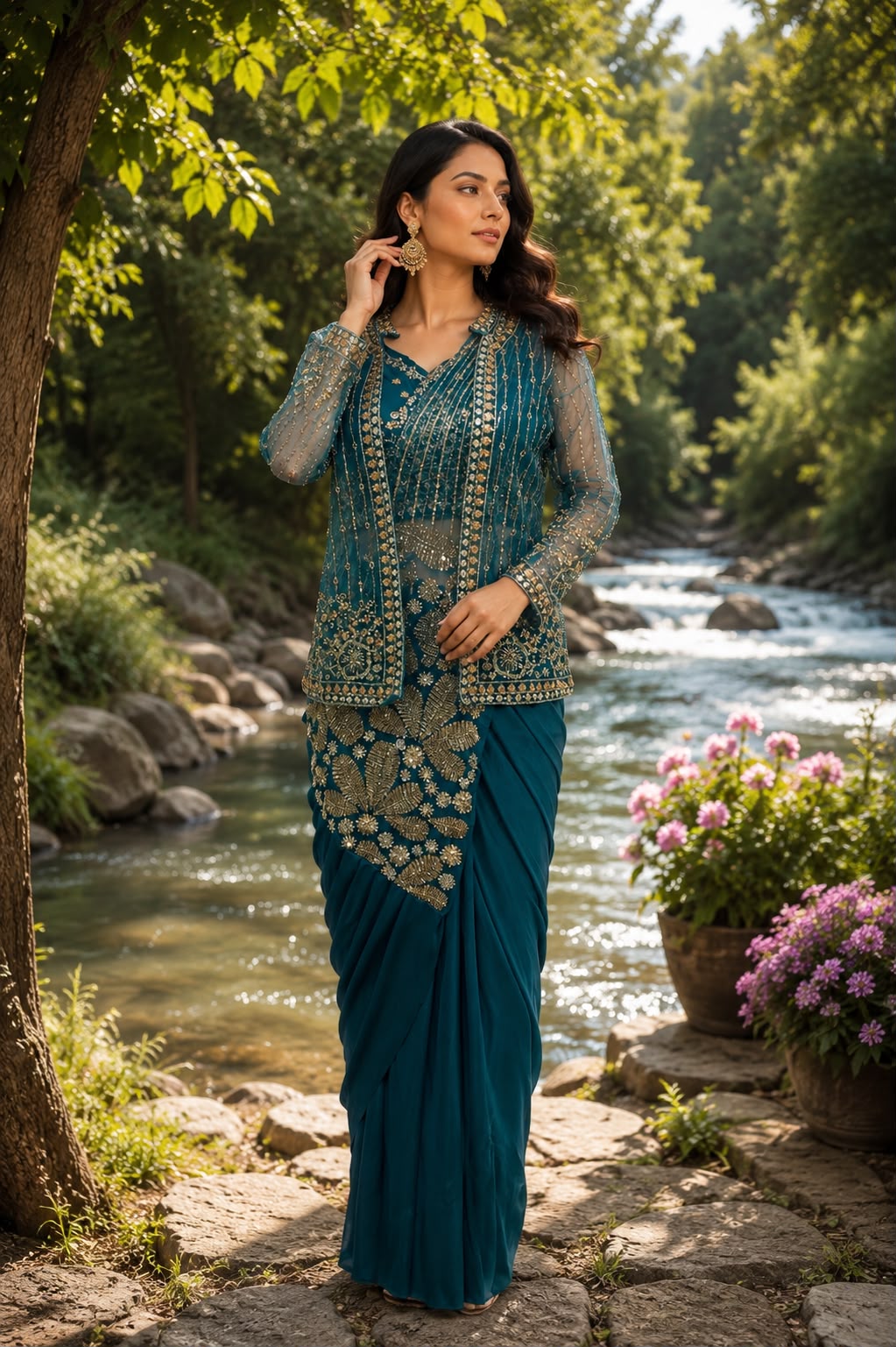 Teal Blue Pure Imported Lycra Silk Ready to Wear Saree