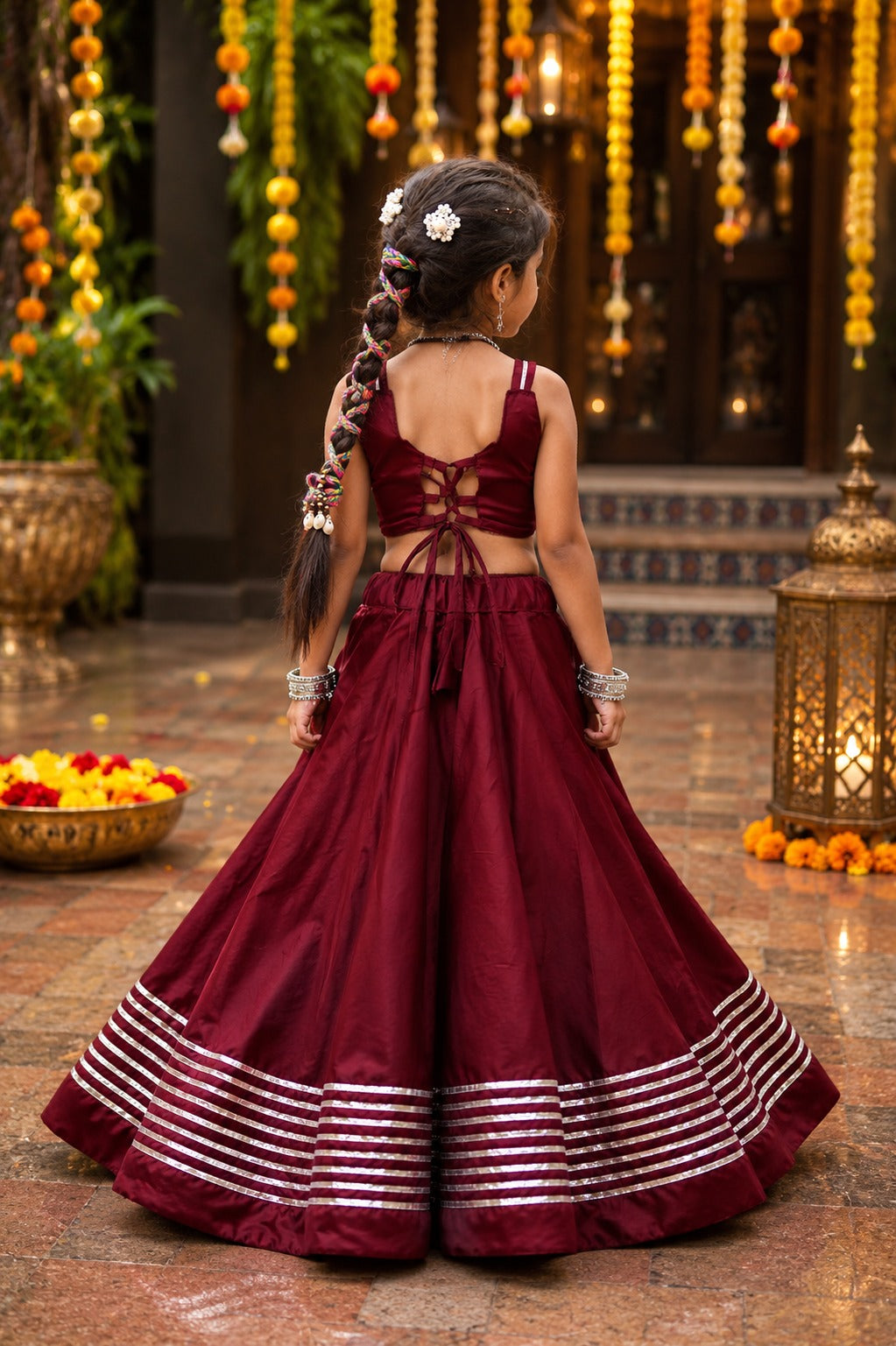 Maroon Pure Roman Silk Heavy Gota Work Kid&