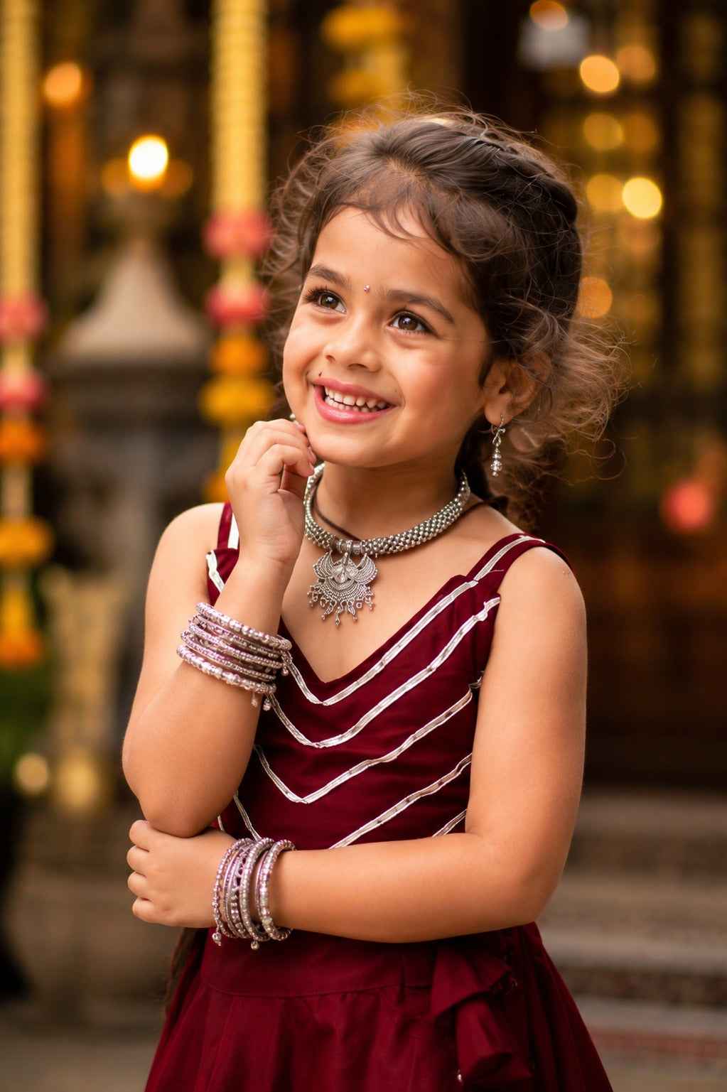 Maroon Pure Roman Silk Heavy Gota Work Kid&
