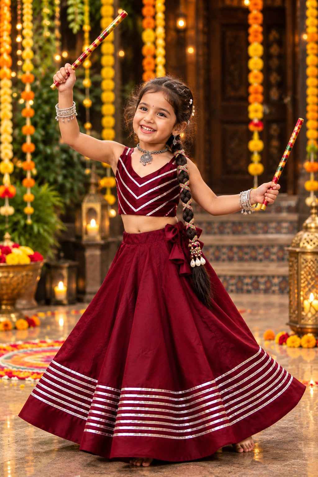 Maroon Pure Roman Silk Heavy Gota Work Kid&