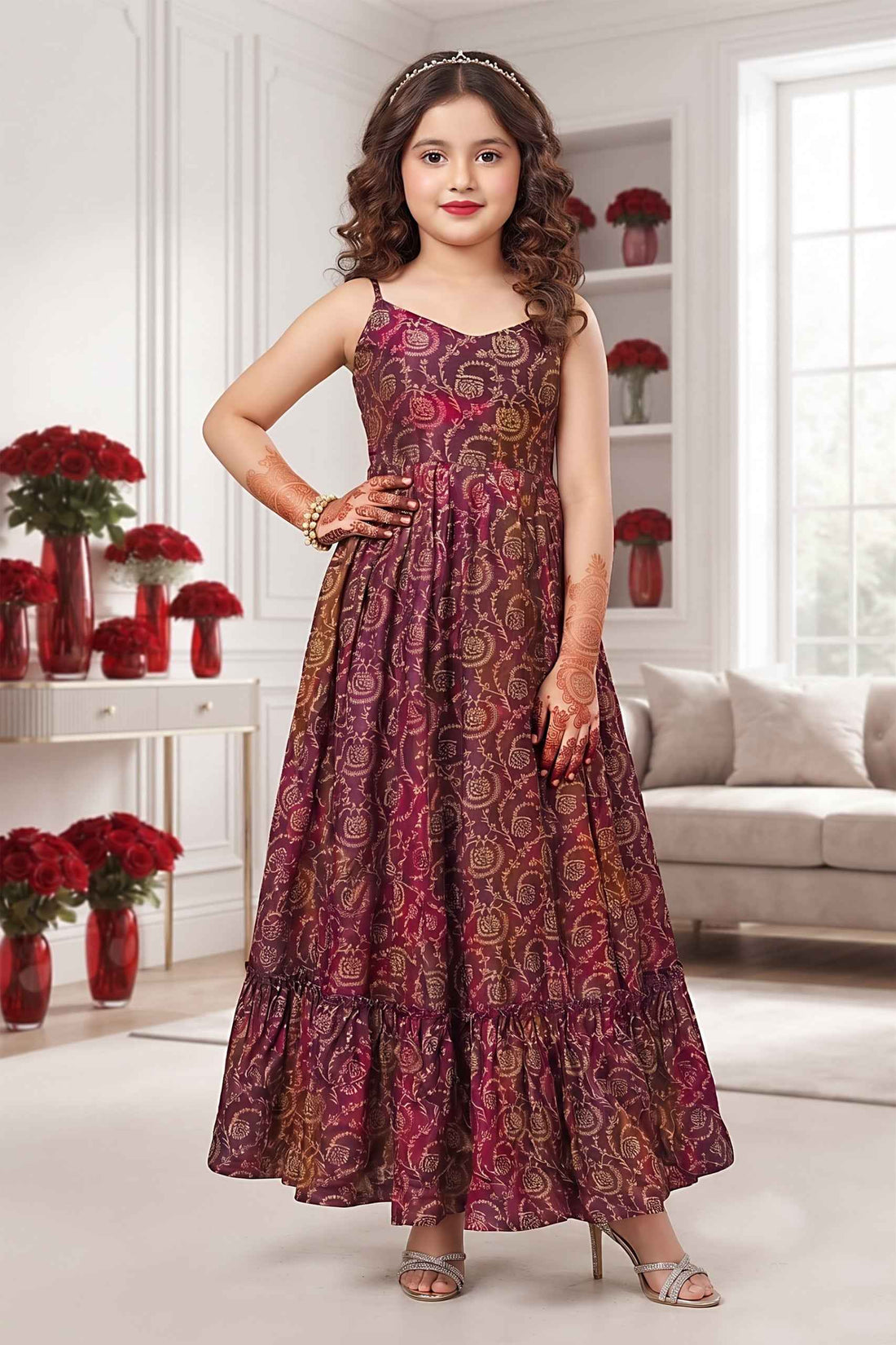 Maroon Heavy Rayon Cotton Heavy Digital Printed Kid&