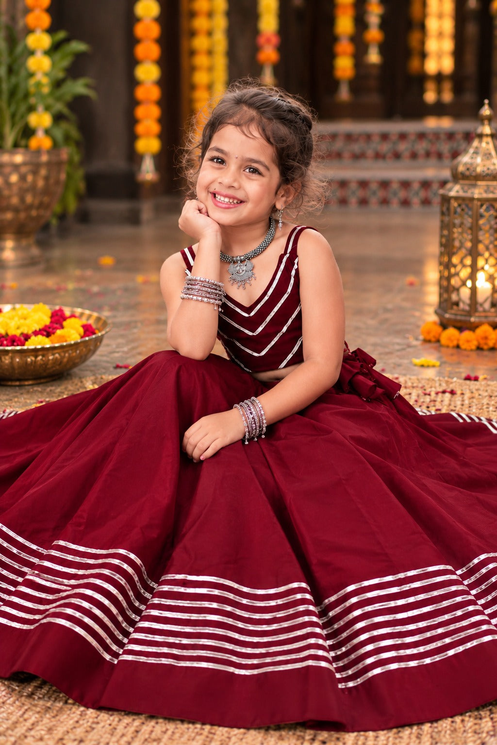 Maroon Pure Roman Silk Heavy Gota Work Kid&