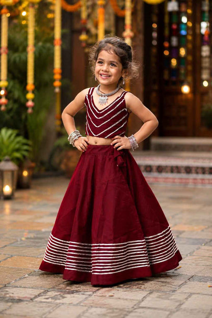 Maroon Pure Roman Silk Heavy Gota Work Kid&