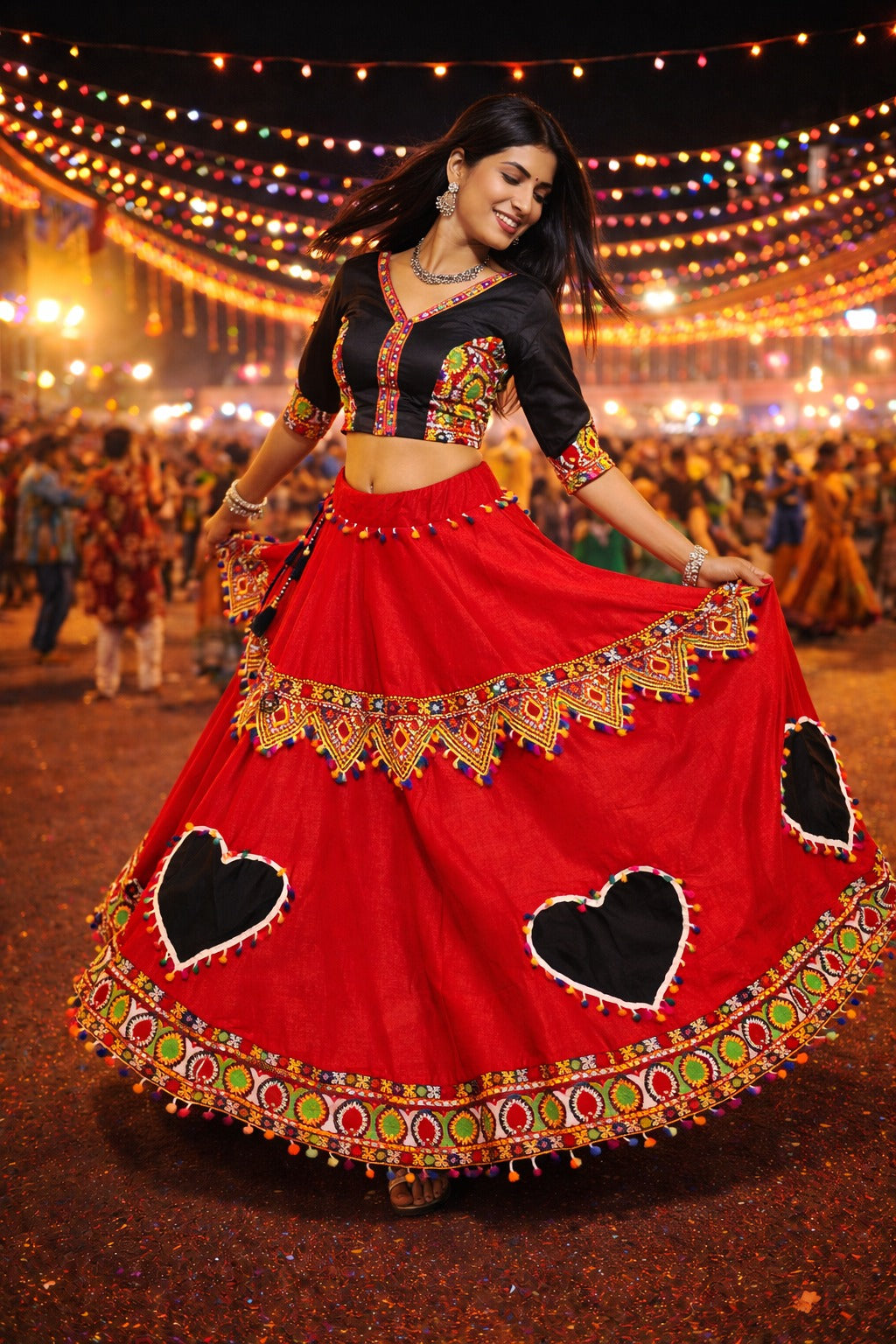 Red Pure Cotton Silk Gamthi &amp; Butta Lace Work Navratri Lehenga Choli