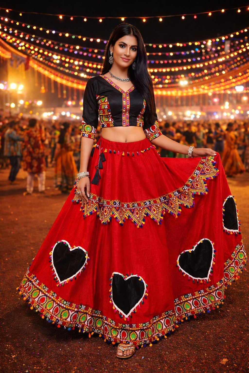 Red Pure Cotton Silk Gamthi &amp; Butta Lace Work Navratri Lehenga Choli