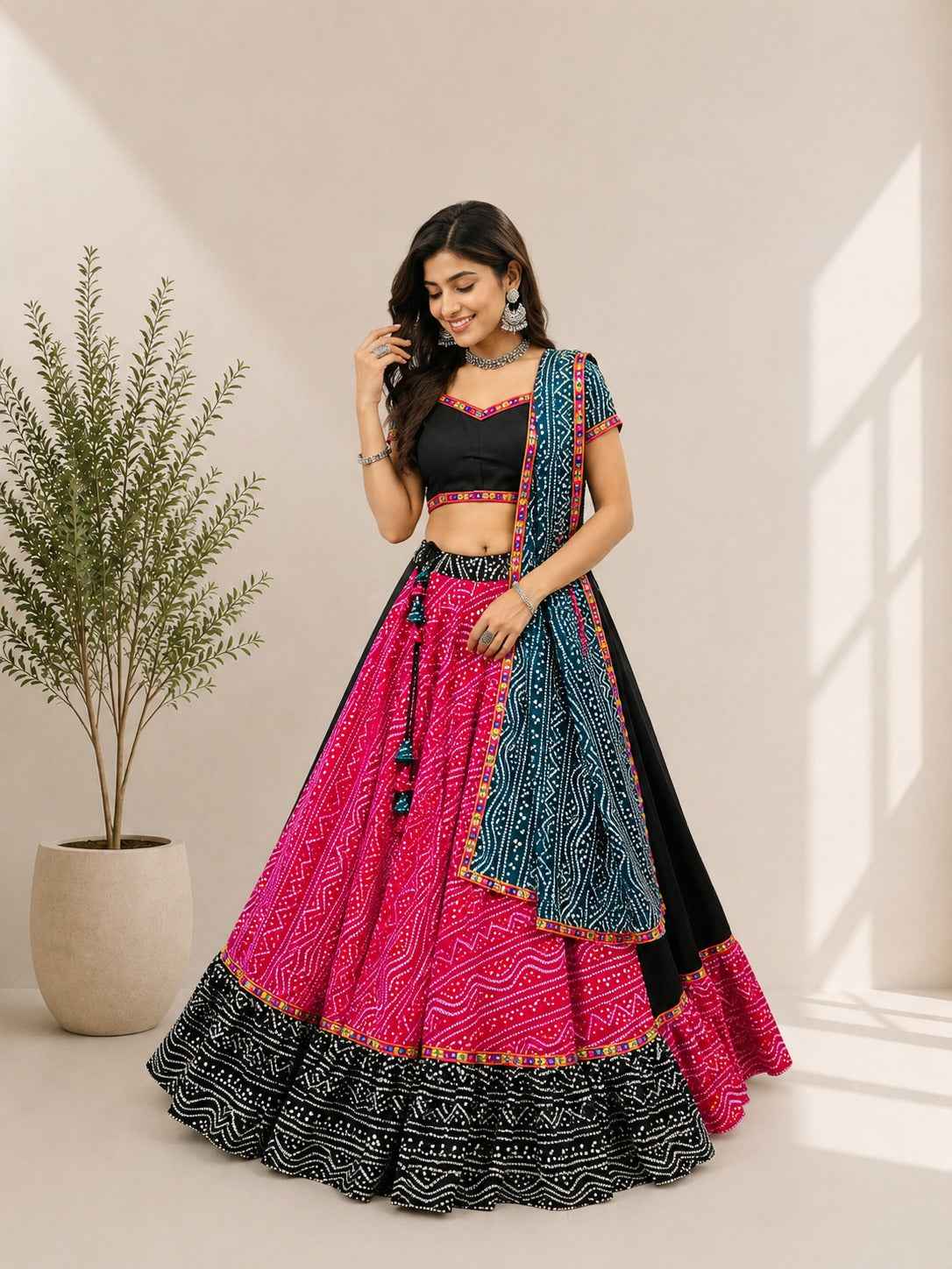 Pink Pure Cotton Silk Bandhani Printed with Gamthi Lace Work Navratri Lehenga Choli