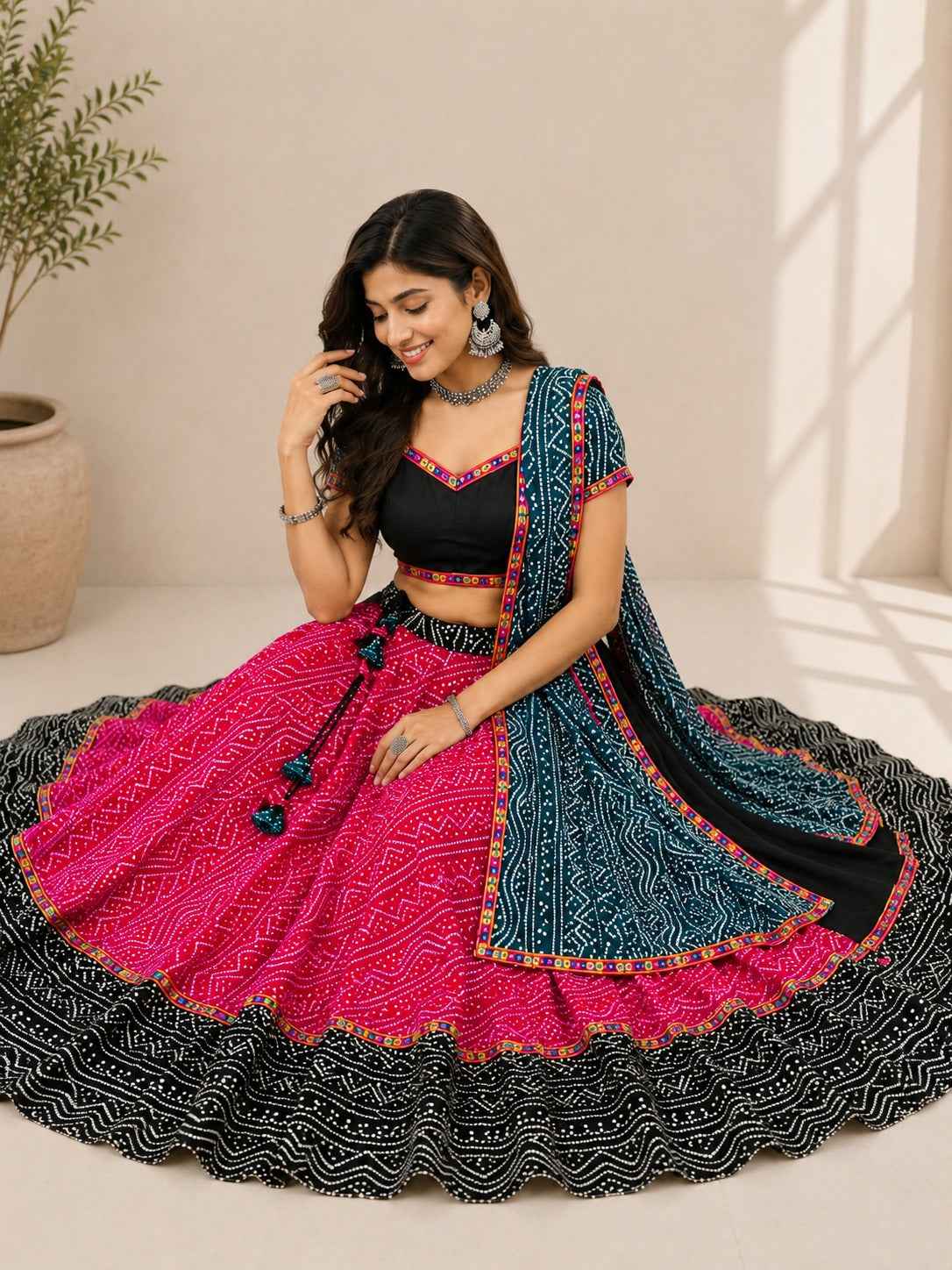 Pink Pure Cotton Silk Bandhani Printed with Gamthi Lace Work Navratri Lehenga Choli