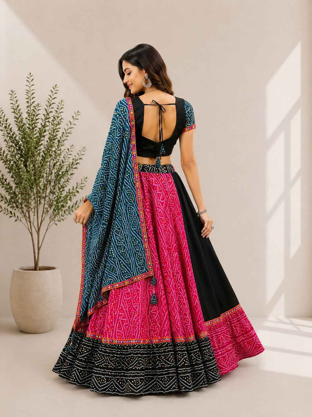Pink Pure Cotton Silk Bandhani Printed with Gamthi Lace Work Navratri Lehenga Choli