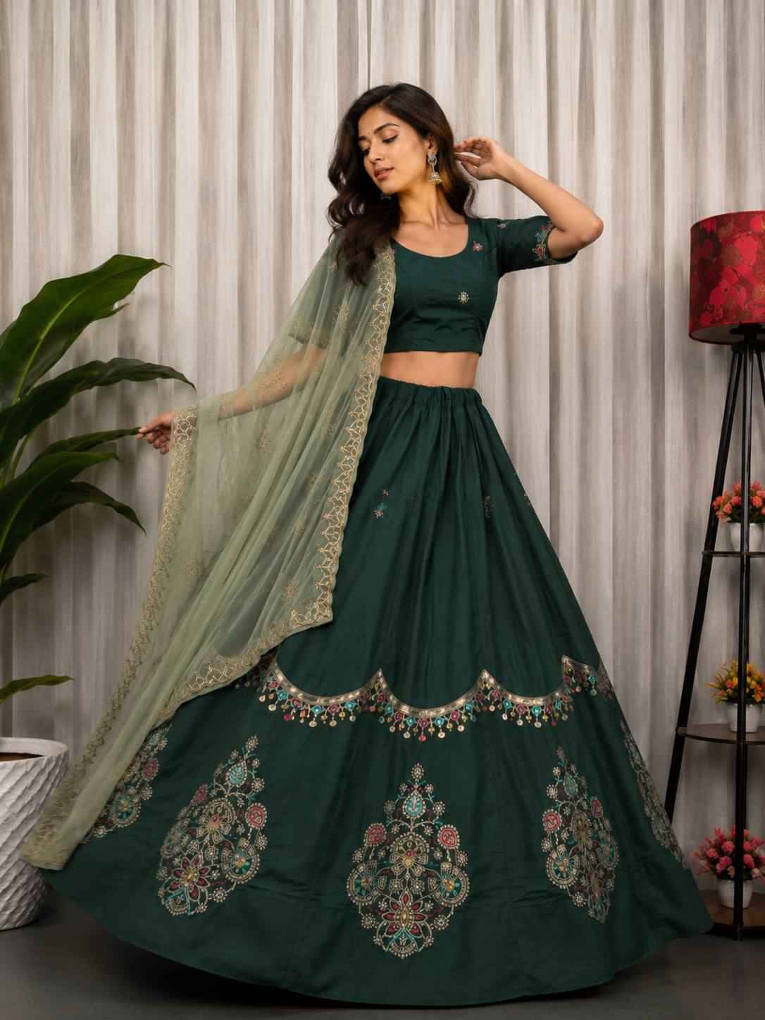 Green Pure Bluming Vichitra Silk Embroidery sequin Work Navratri Lehenga Choli