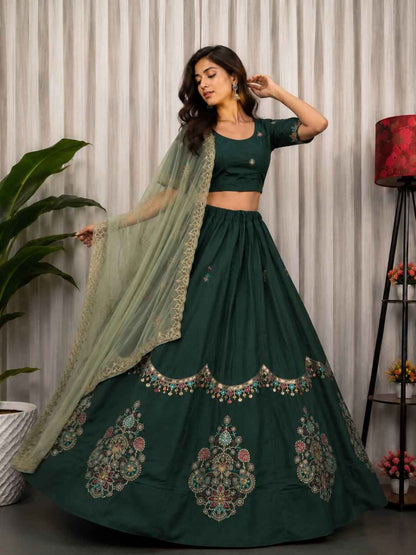 Green Pure Bluming Vichitra Silk Embroidery sequin Work Navratri Lehenga Choli