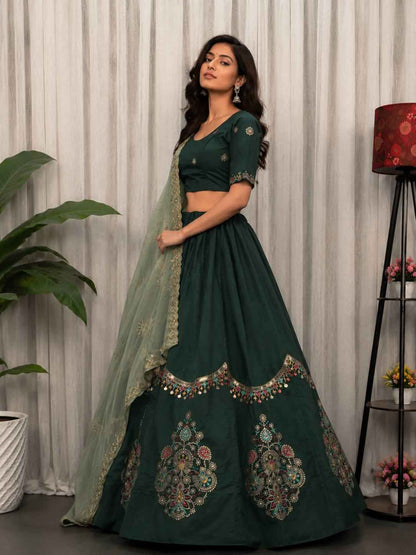 Green Pure Bluming Vichitra Silk Embroidery sequin Work Navratri Lehenga Choli