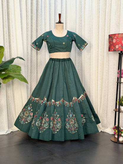 Green Pure Bluming Vichitra Silk Embroidery sequin Work Navratri Lehenga Choli