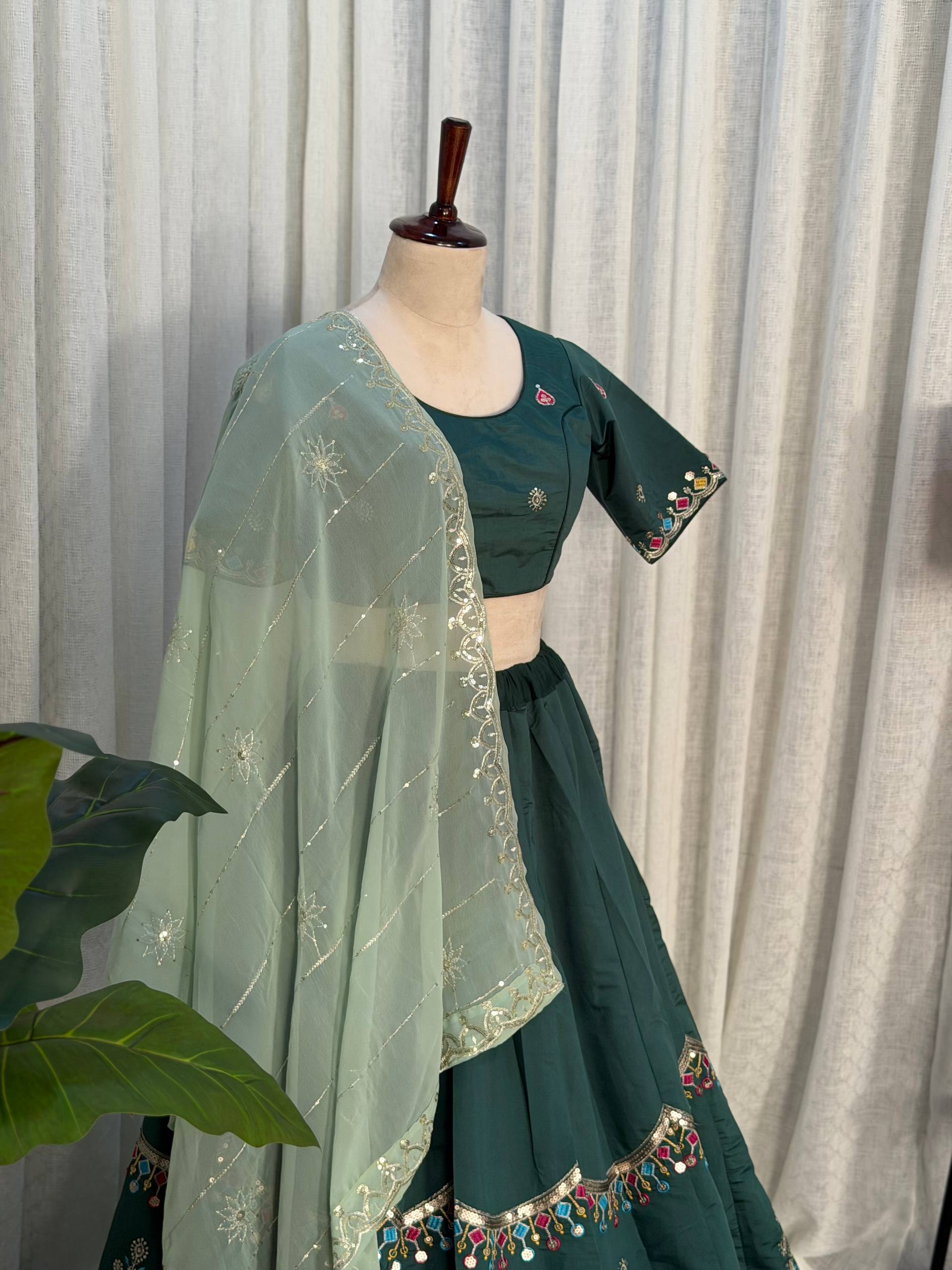 Green Pure Bluming Vichitra Silk Embroidery sequin Work Navratri Lehenga Choli