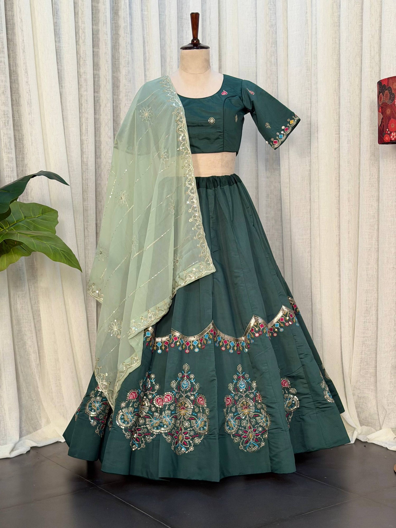 Green Pure Bluming Vichitra Silk Embroidery sequin Work Navratri Lehenga Choli