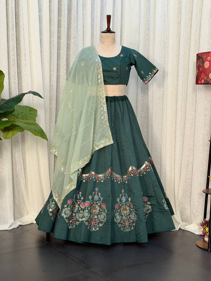 Green Pure Bluming Vichitra Silk Embroidery sequin Work Navratri Lehenga Choli