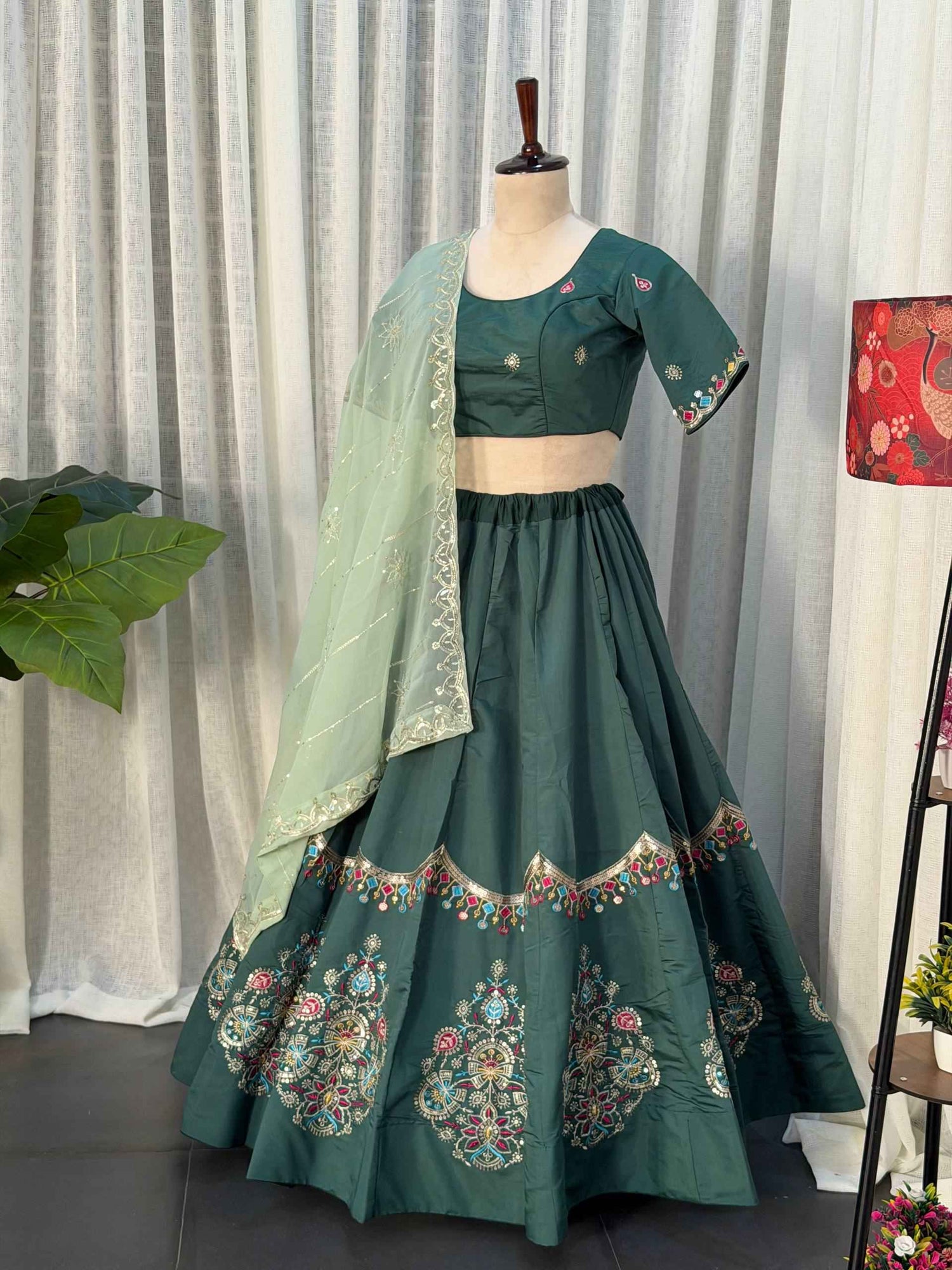 Green Pure Bluming Vichitra Silk Embroidery sequin Work Navratri Lehenga Choli