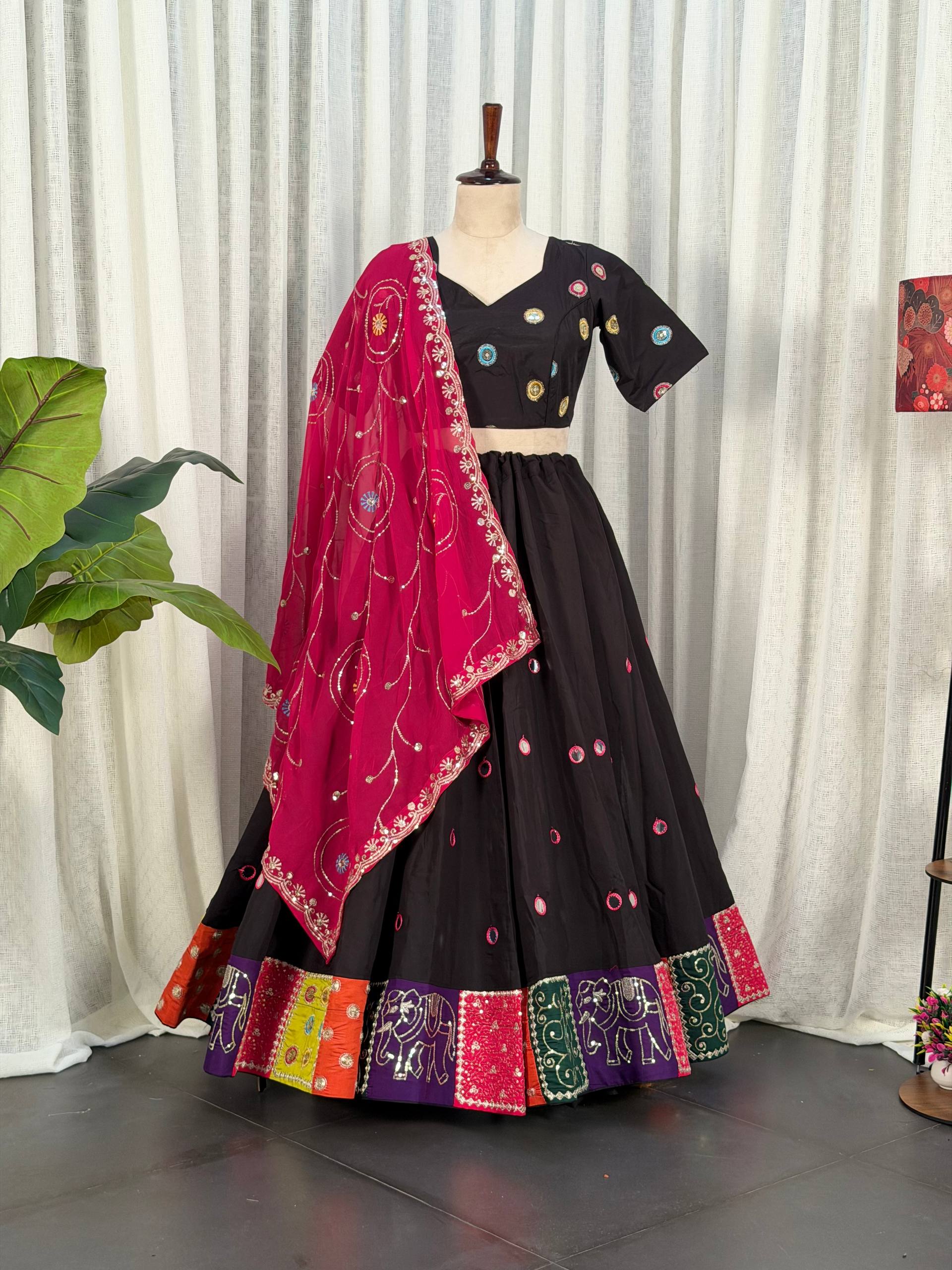 Black Pure Bluming Vichitra Silk Embroidery sequin Work Navratri Lehenga Choli
