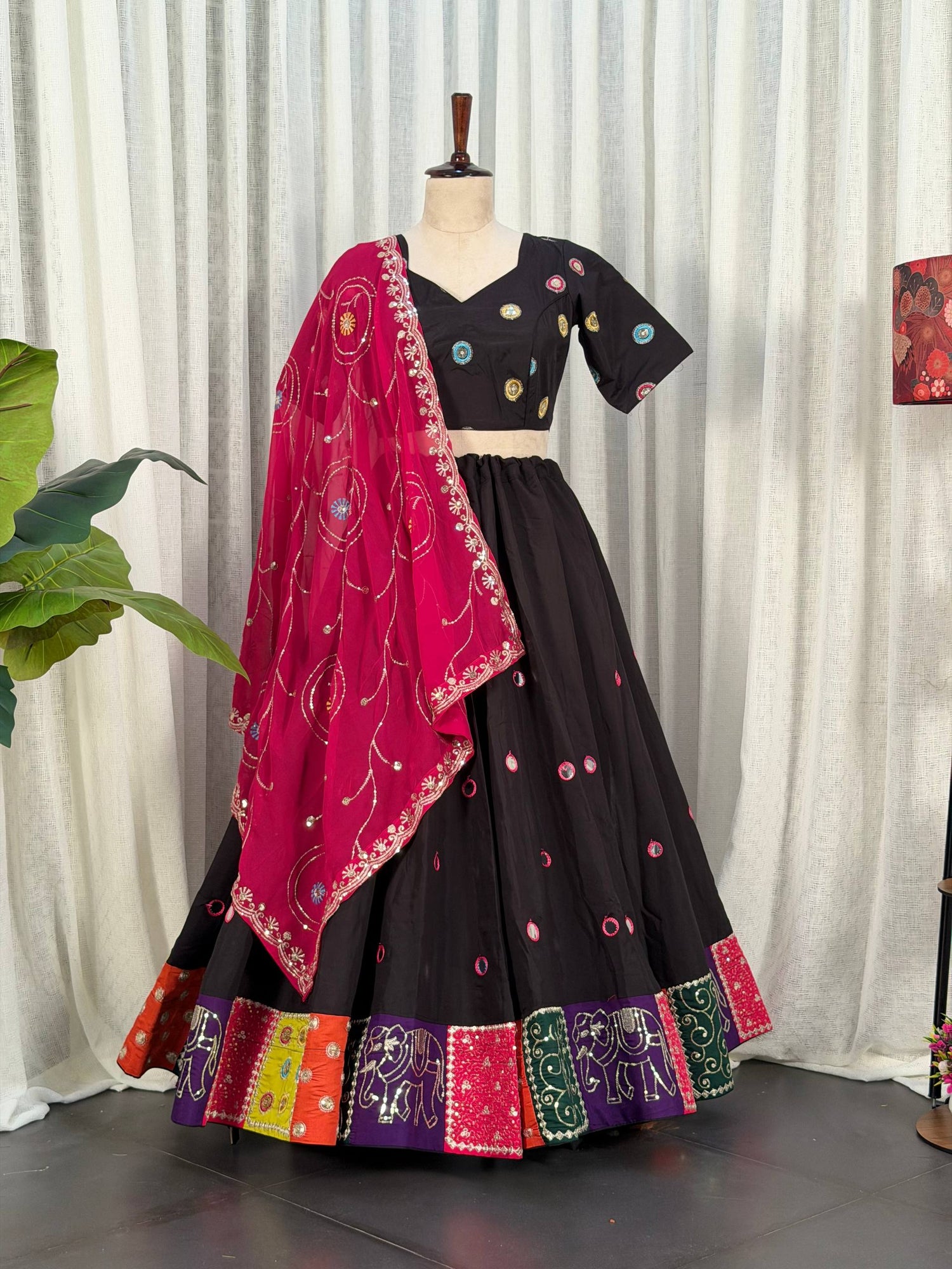 Black Pure Bluming Vichitra Silk Embroidery sequin Work Navratri Lehenga Choli