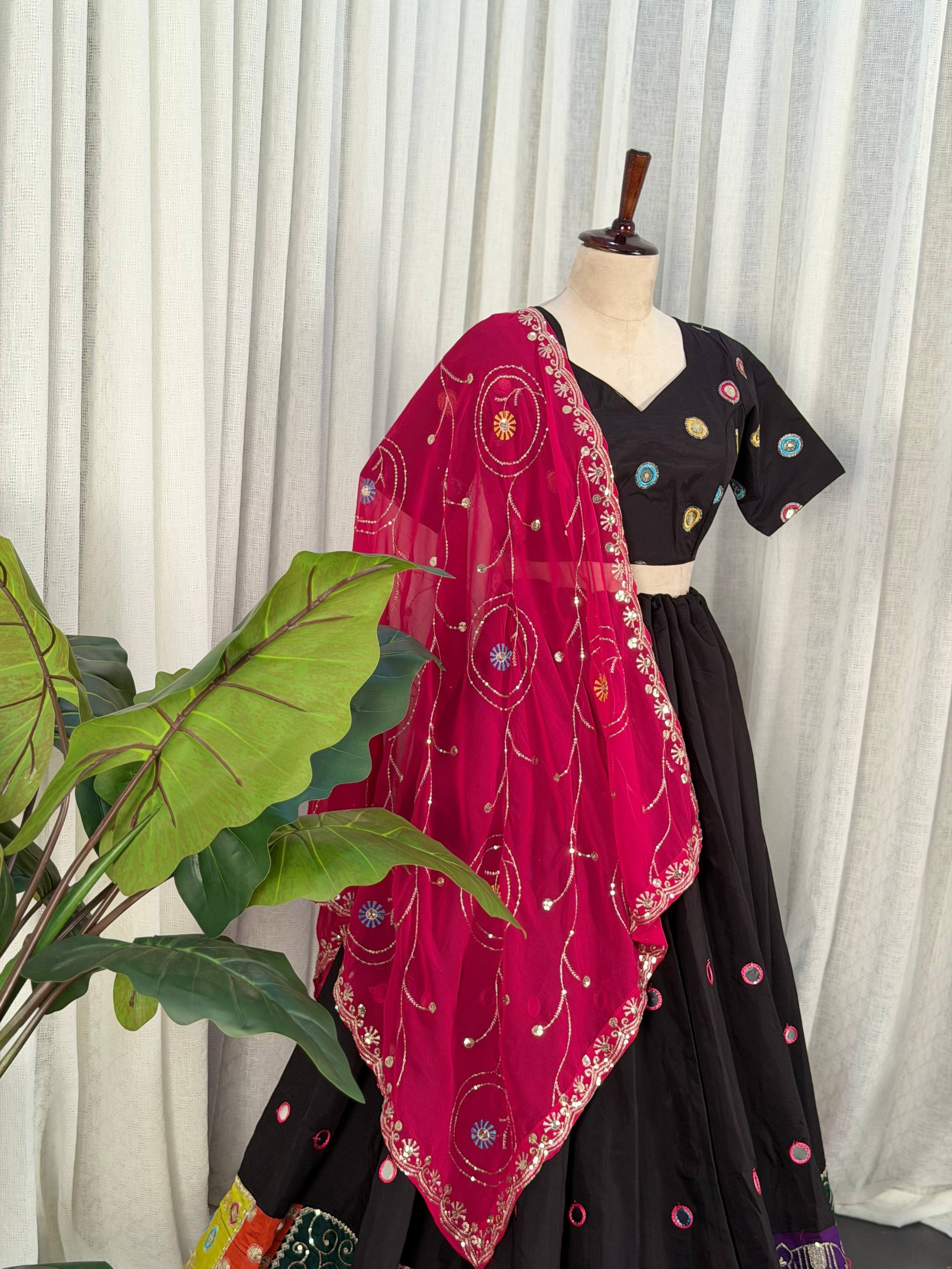 Black Pure Bluming Vichitra Silk Embroidery sequin Work Navratri Lehenga Choli