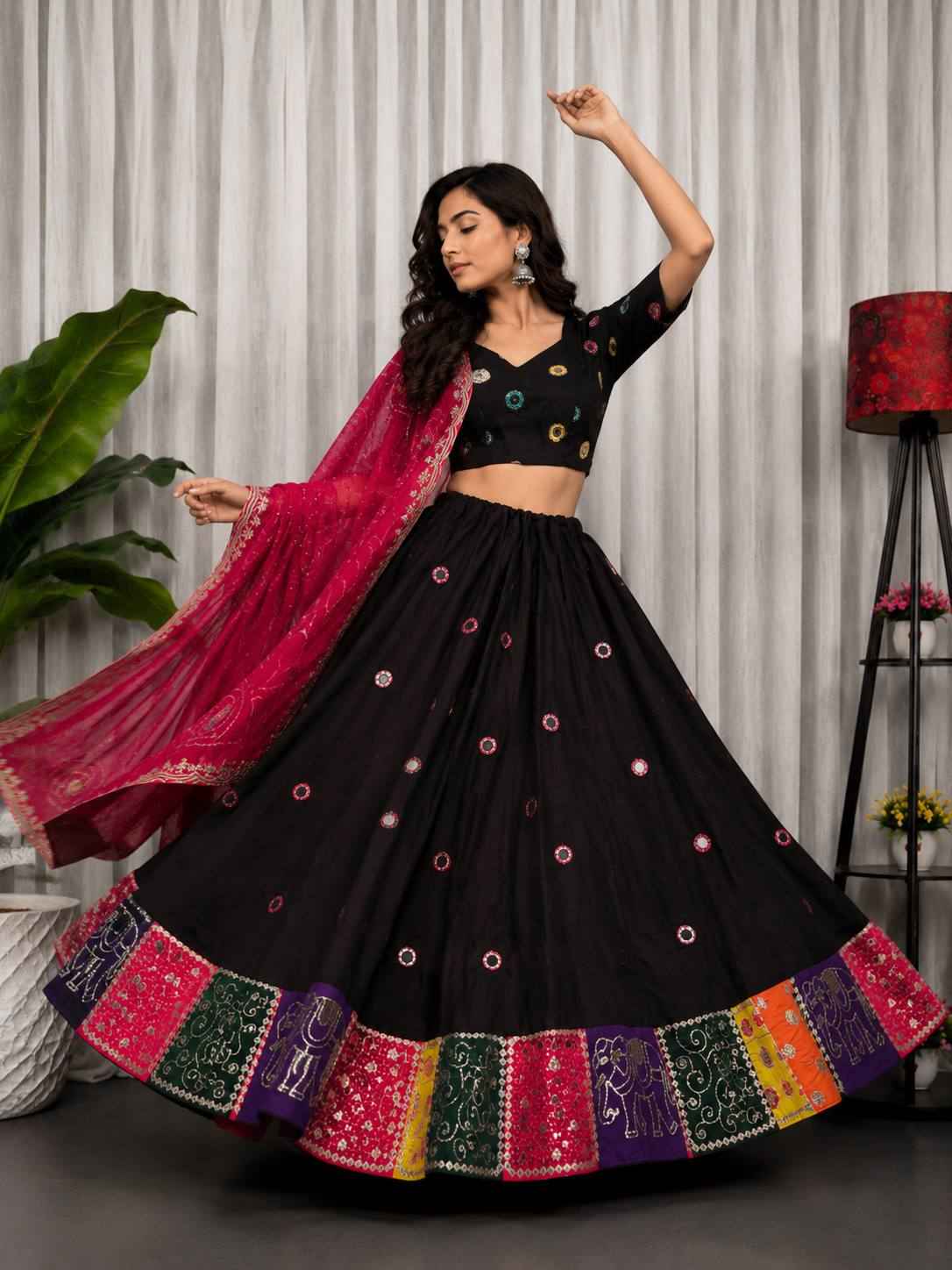 Black Pure Bluming Vichitra Silk Embroidery sequin Work Navratri Lehenga Choli