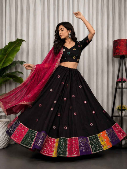 Black Pure Bluming Vichitra Silk Embroidery sequin Work Navratri Lehenga Choli