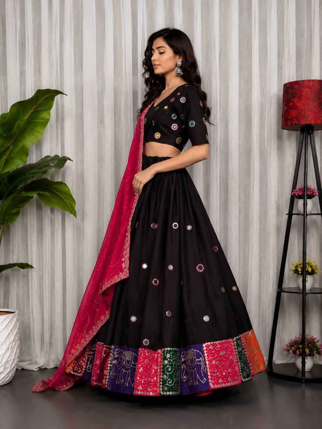 Black Pure Bluming Vichitra Silk Embroidery sequin Work Navratri Lehenga Choli