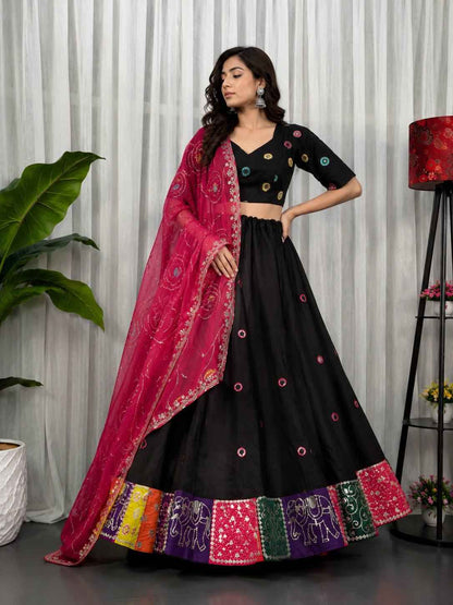 Black Pure Bluming Vichitra Silk Embroidery sequin Work Navratri Lehenga Choli
