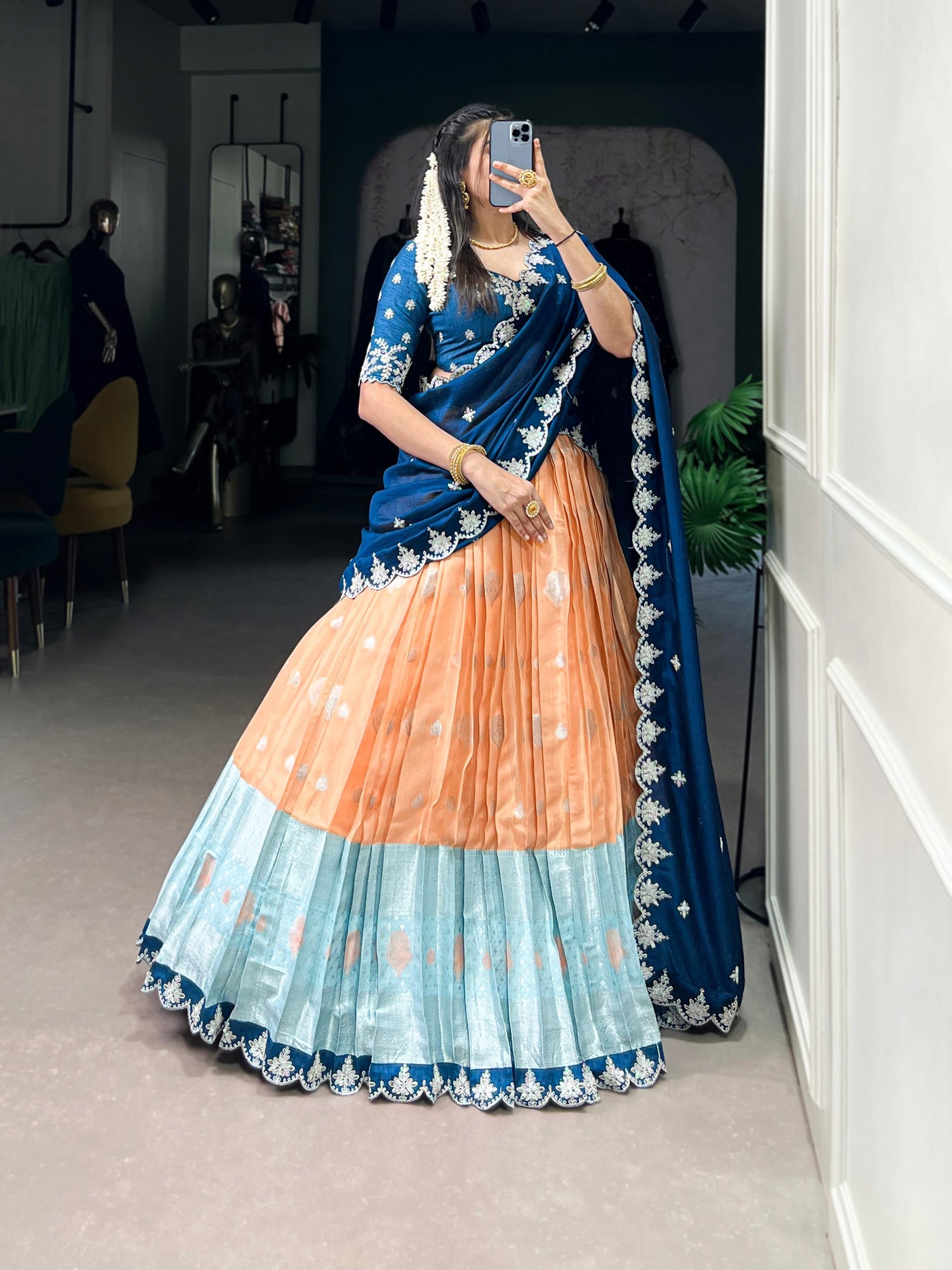 Orange Pure Kota Zari Weaving Work South Indian Lehenga Choli