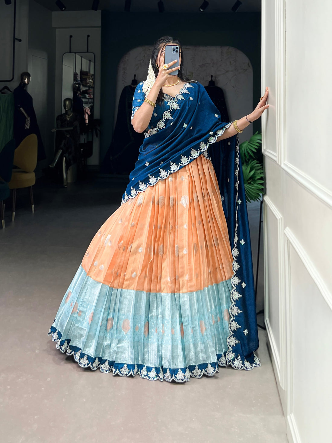 Orange Pure Kota Zari Weaving Work South Indian Lehenga Choli