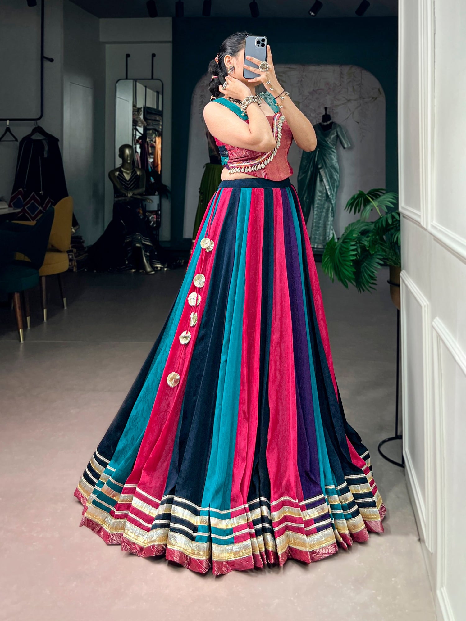 Multi Pure Rich Chinon Silk  Kodi Lace Work Navratri Lehenga Choli