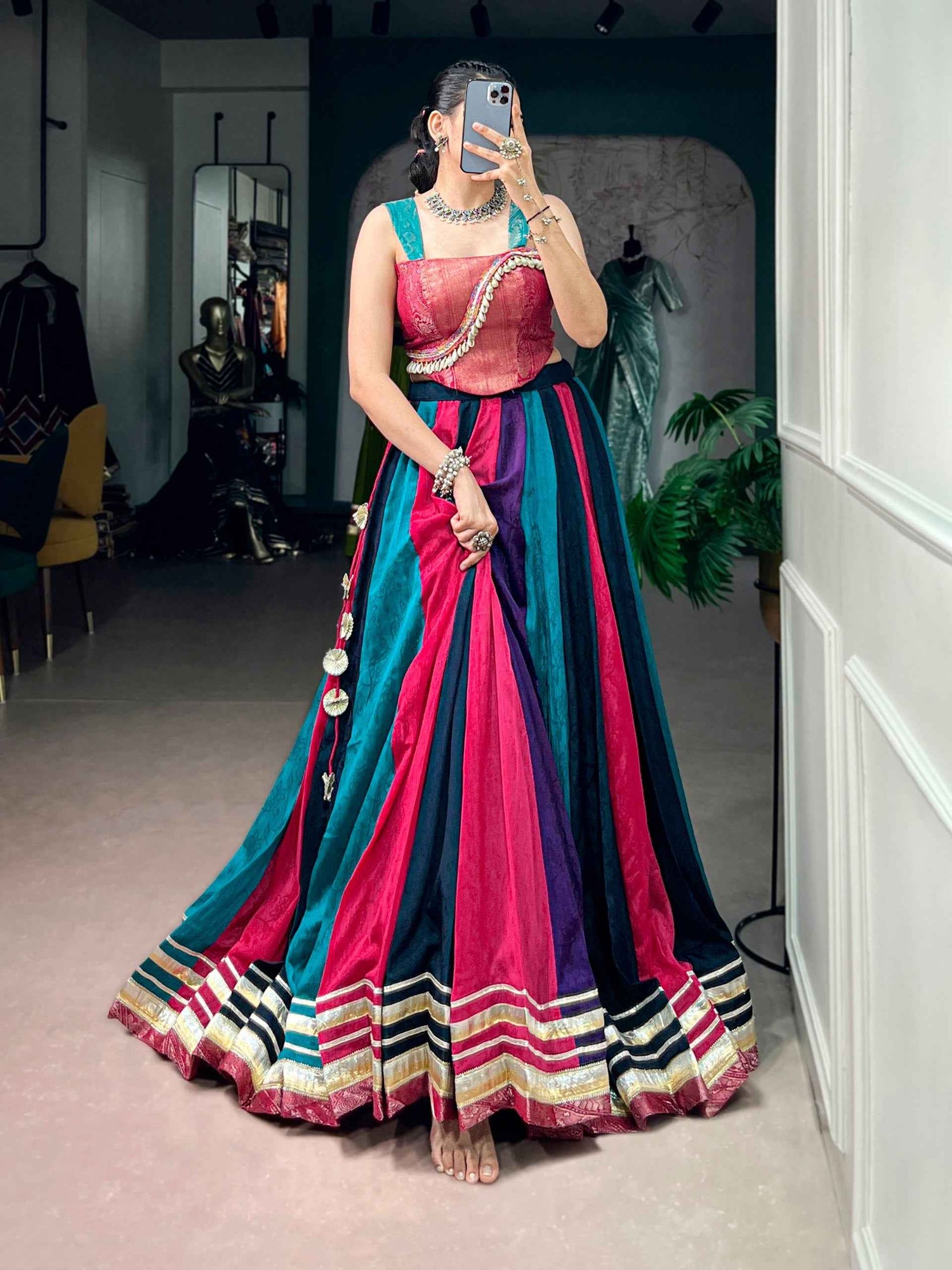 Multi Pure Rich Chinon Silk  Kodi Lace Work Navratri Lehenga Choli