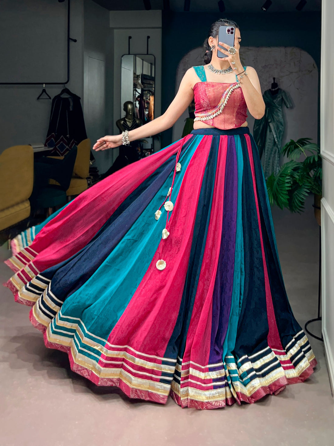 Multi Pure Rich Chinon Silk  Kodi Lace Work Navratri Lehenga Choli