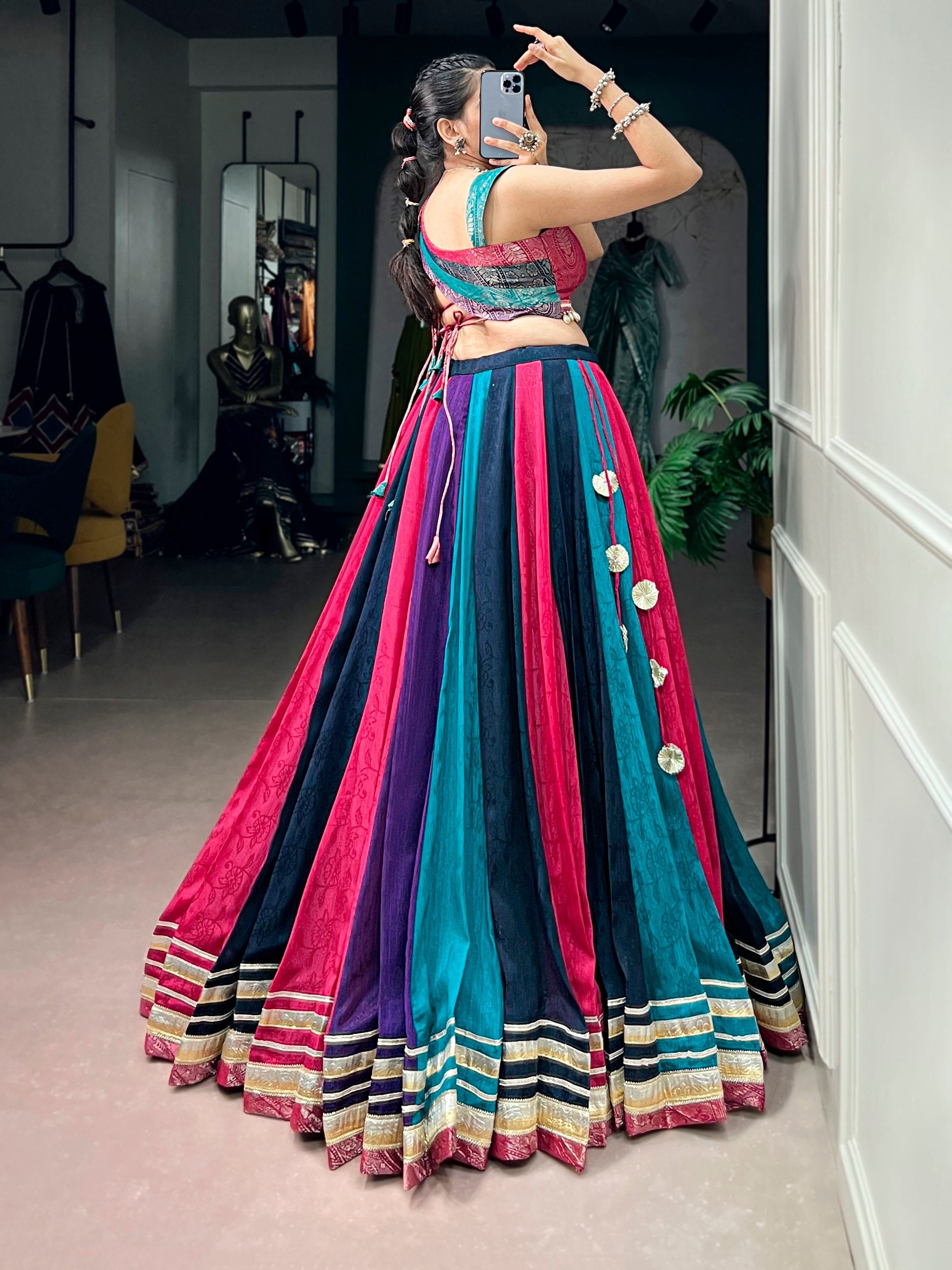 Multi Pure Rich Chinon Silk  Kodi Lace Work Navratri Lehenga Choli