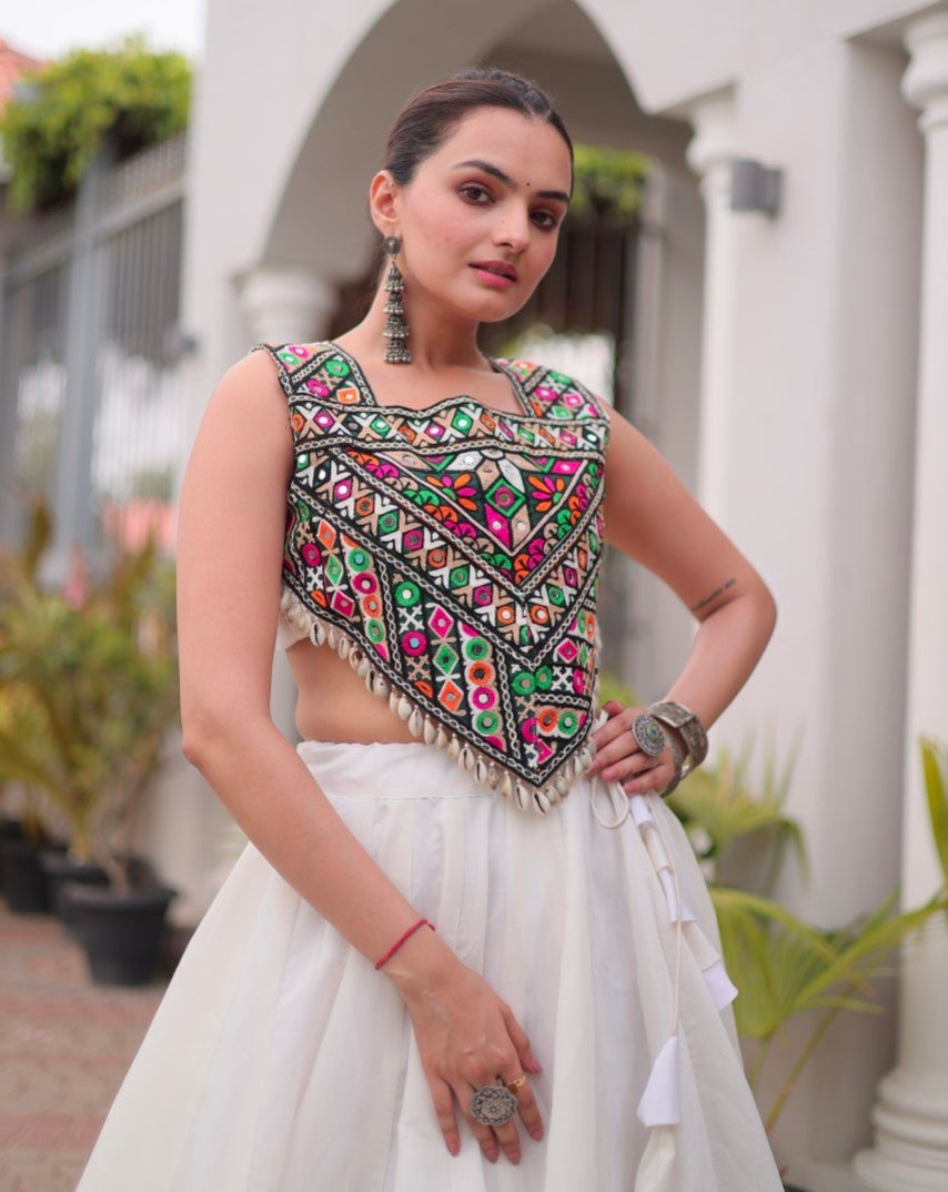 White Pure Roman With Attractive Coconut Gota Work Navratri Lehenga Choli