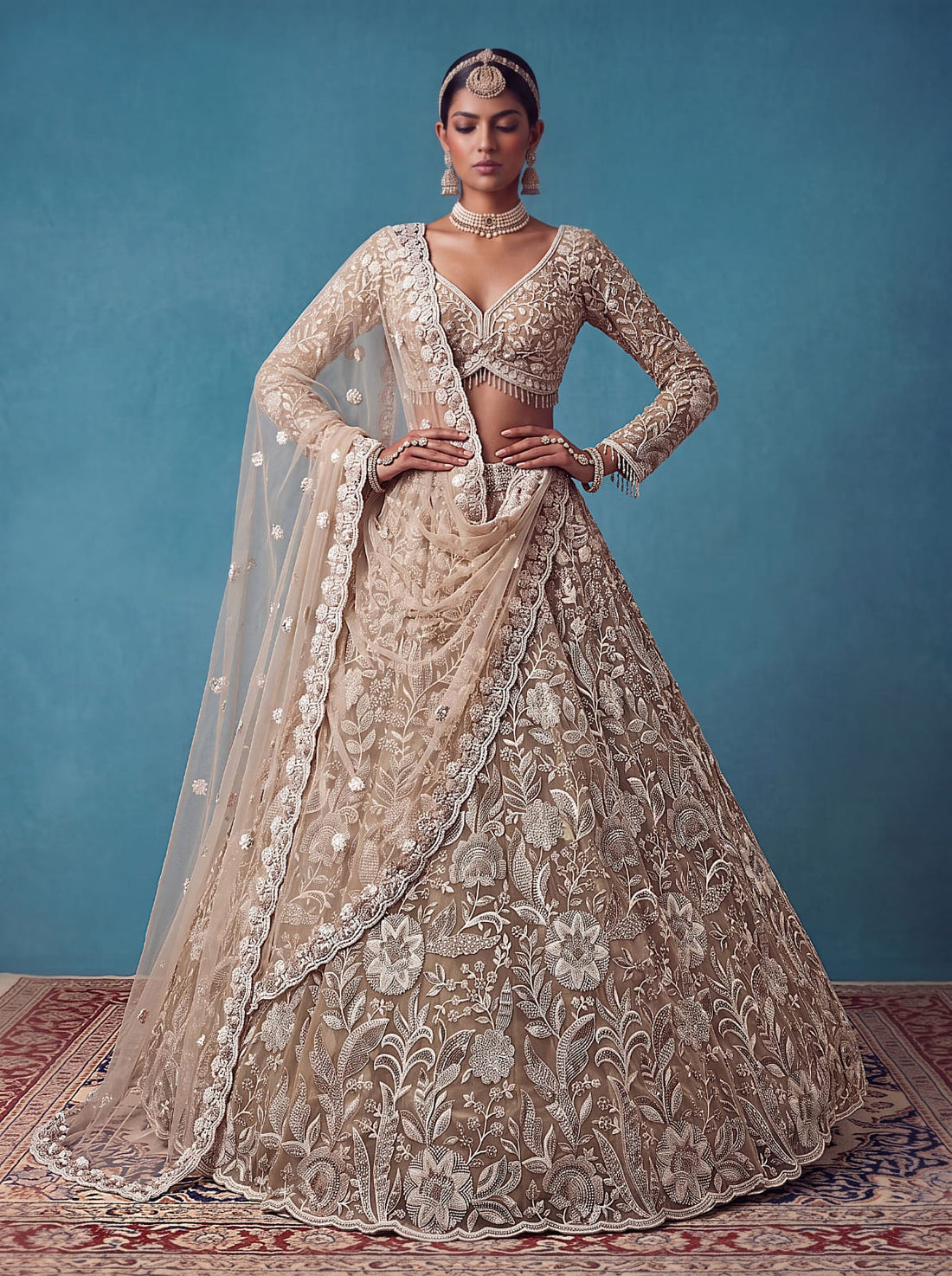 Golden Pure Heavy Net Flower Embroidery Pattern Handwork  Sequins Thread Work Bridal Lehenga Choli