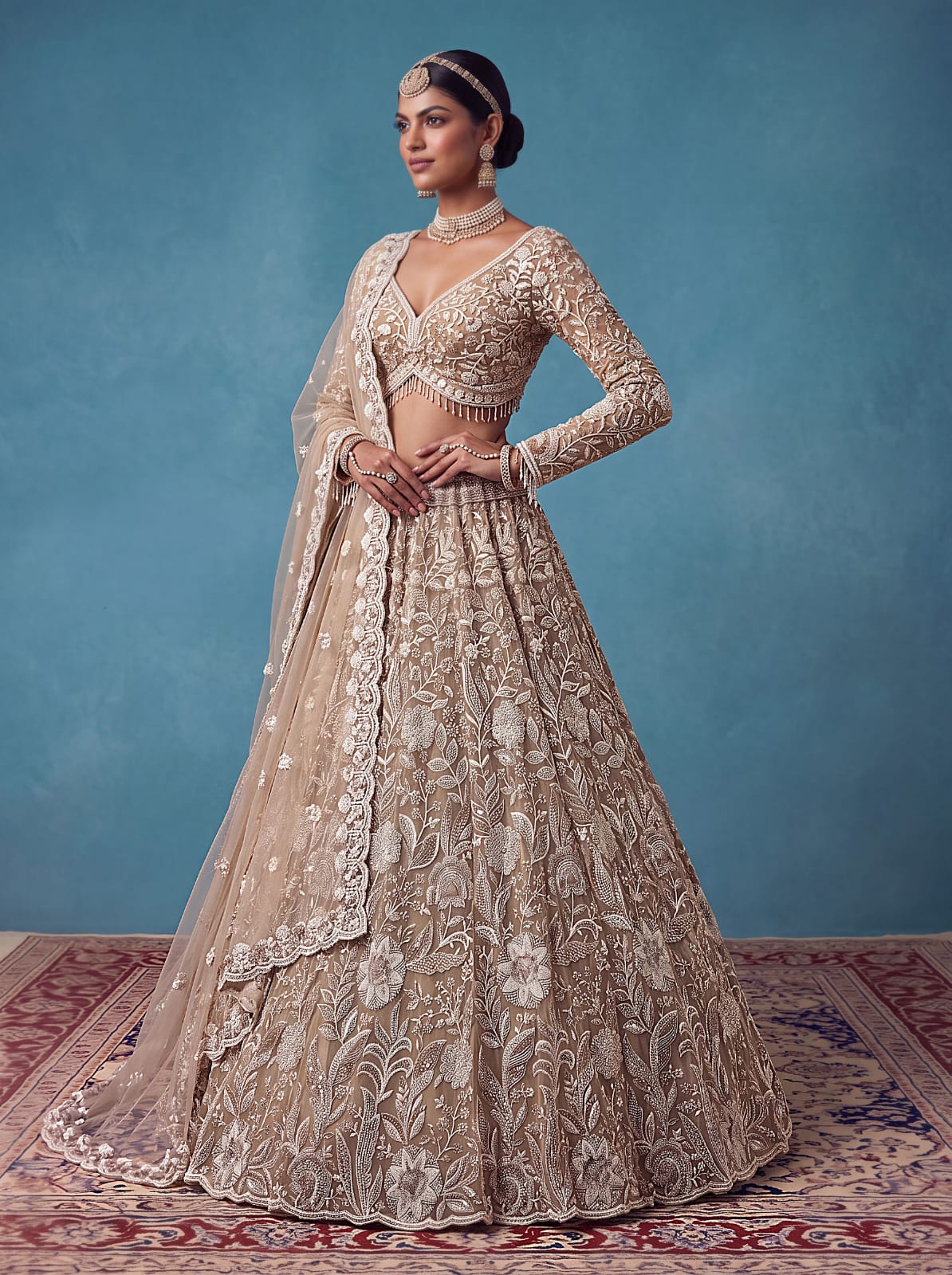 Golden Pure Heavy Net Flower Embroidery Pattern Handwork  Sequins Thread Work Bridal Lehenga Choli