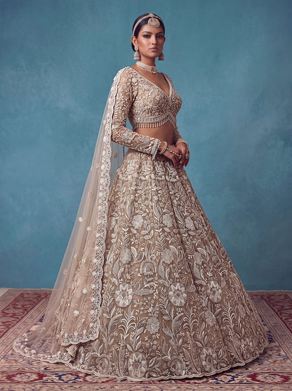Golden Pure Heavy Net Flower Embroidery Pattern Handwork  Sequins Thread Work Bridal Lehenga Choli