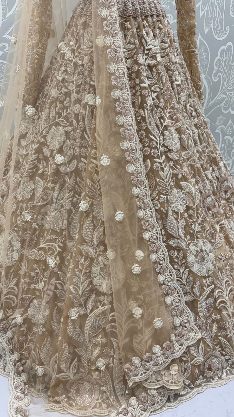 Golden Pure Heavy Net Flower Embroidery Pattern Handwork  Sequins Thread Work Bridal Lehenga Choli